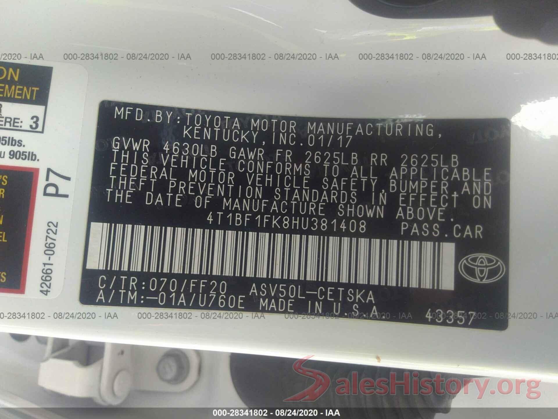 4T1BF1FK8HU381408 2017 TOYOTA CAMRY