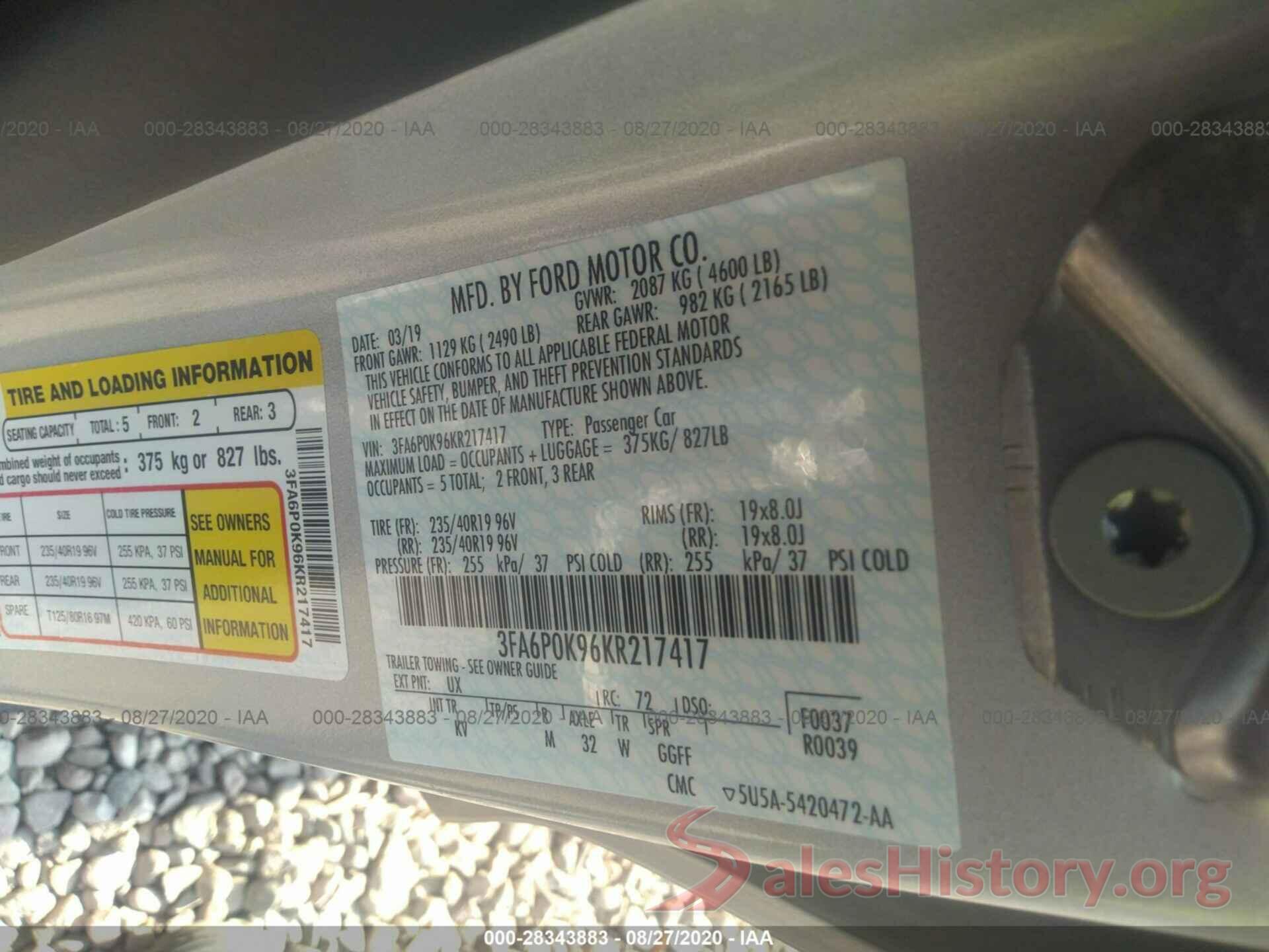 3FA6P0K96KR217417 2019 FORD FUSION