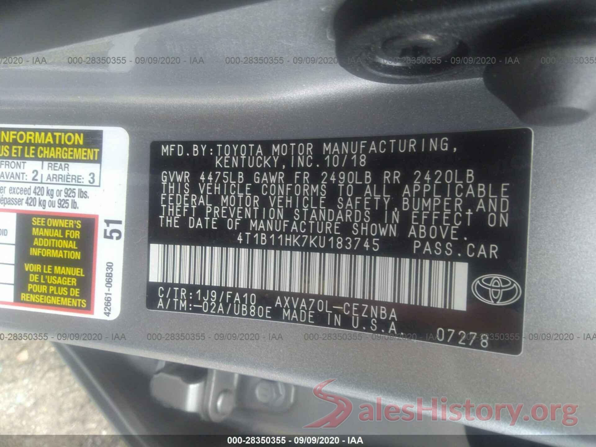 4T1B11HK7KU183745 2019 TOYOTA CAMRY