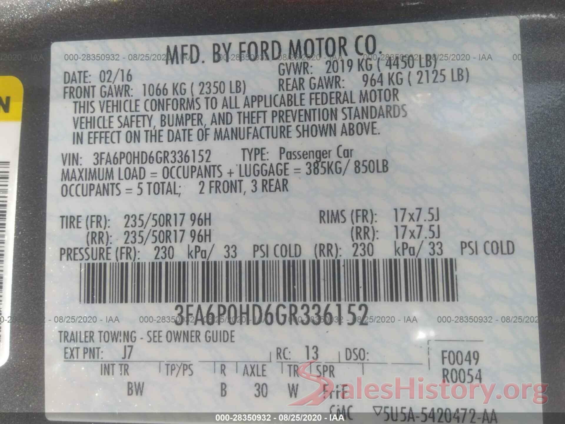 3FA6P0HD6GR336152 2016 FORD FUSION