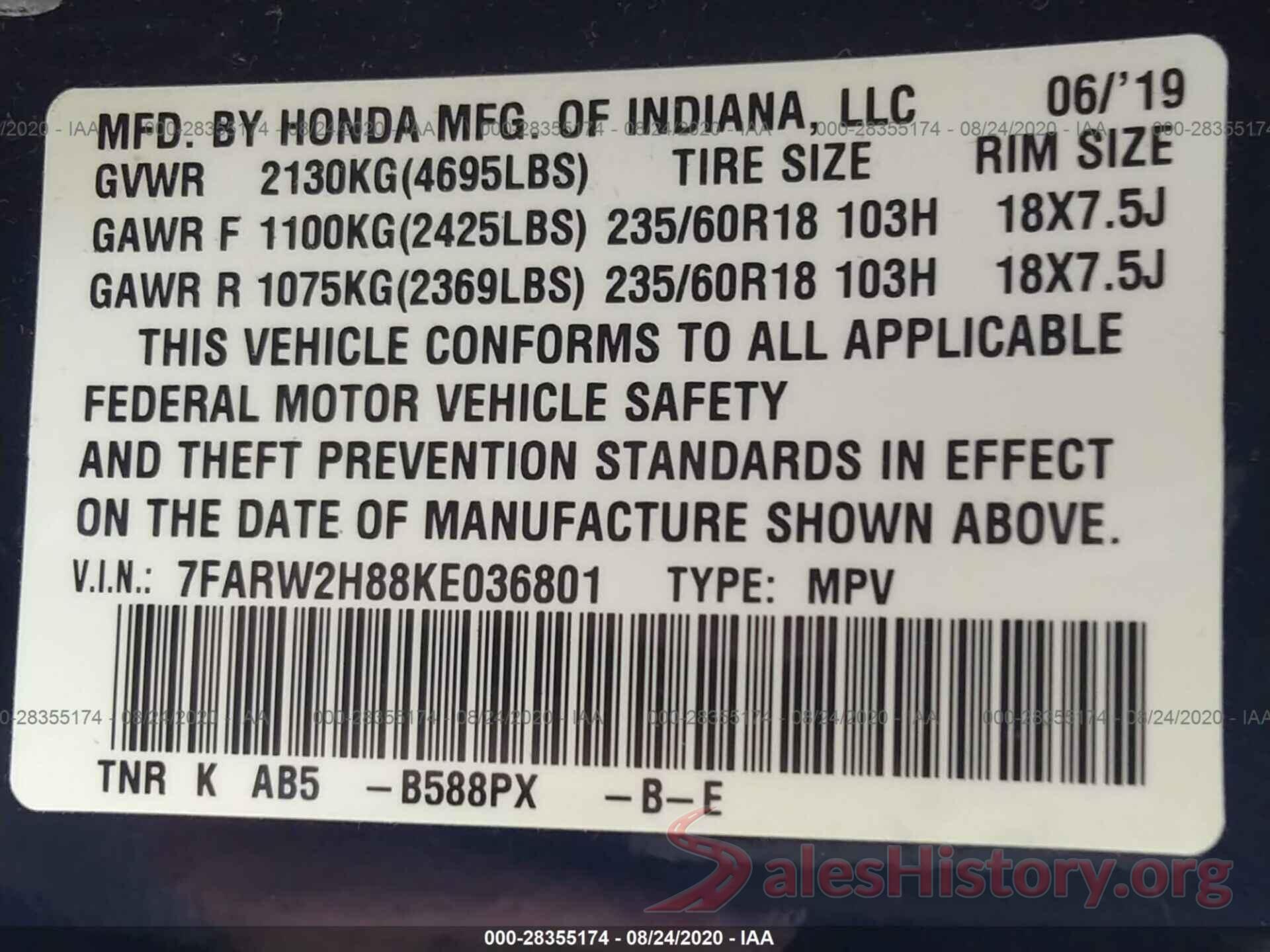 7FARW2H88KE036801 2019 HONDA CR-V