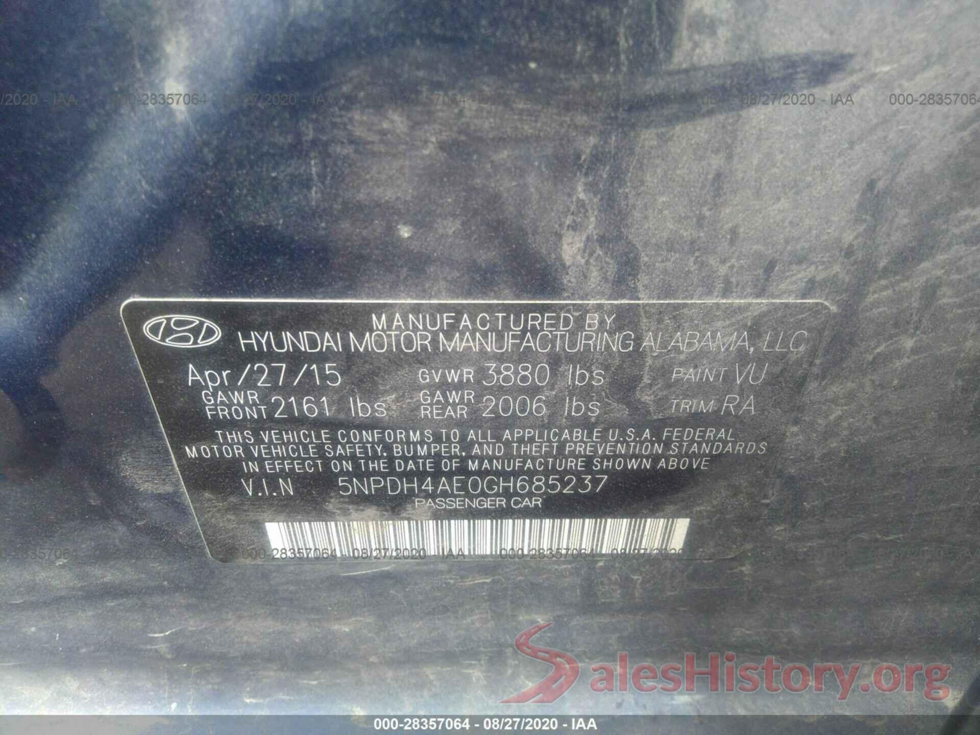 5NPDH4AE0GH685237 2016 HYUNDAI ELANTRA