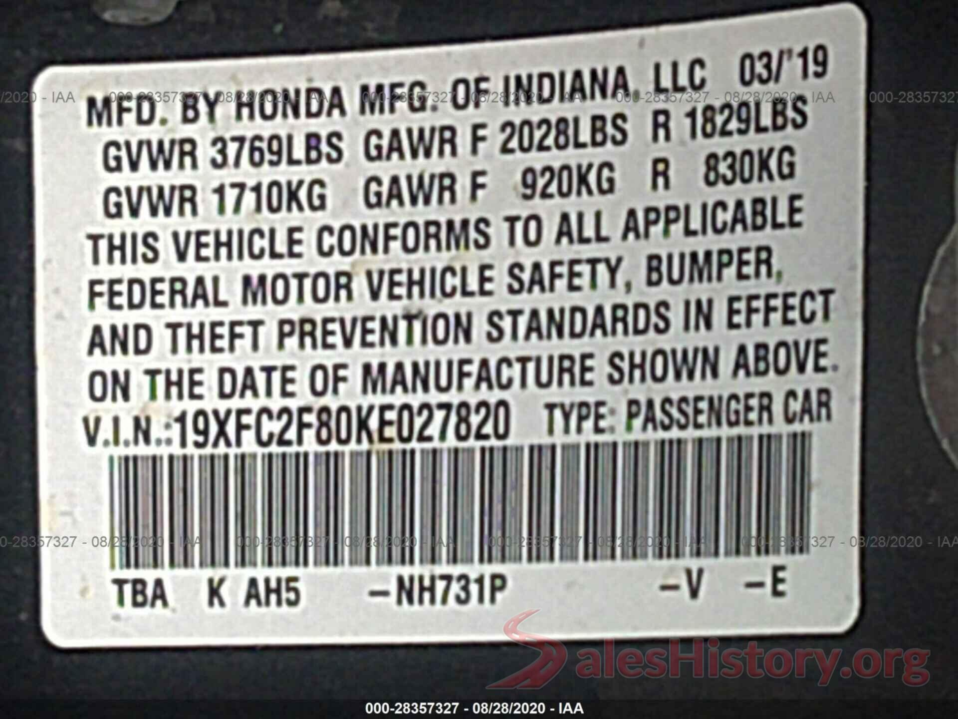 19XFC2F80KE027820 2019 HONDA CIVIC SEDAN