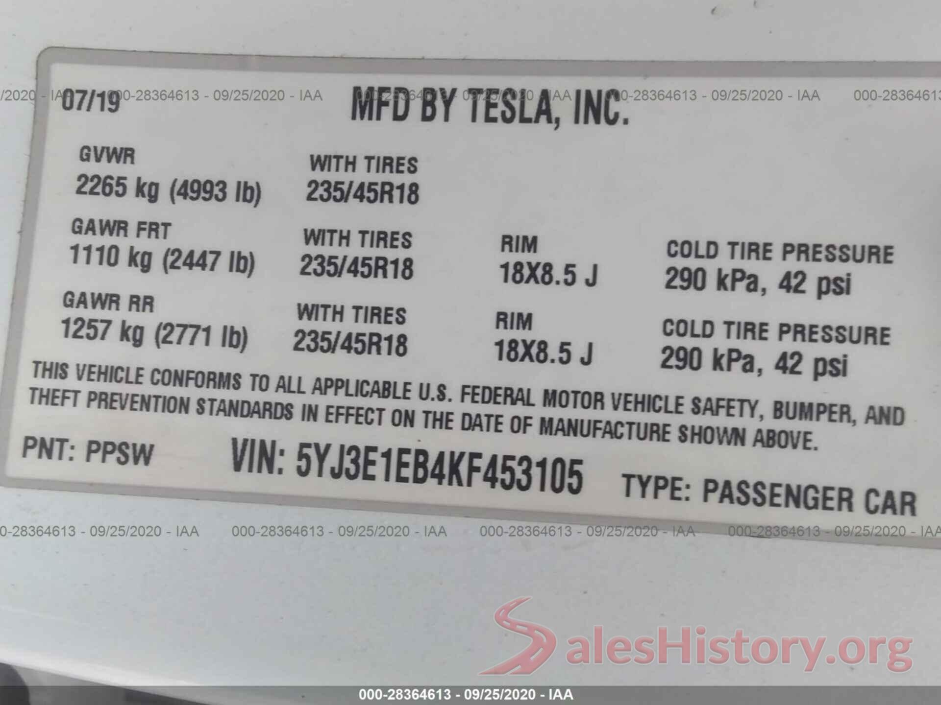 5YJ3E1EB4KF453105 2019 TESLA MODEL 3