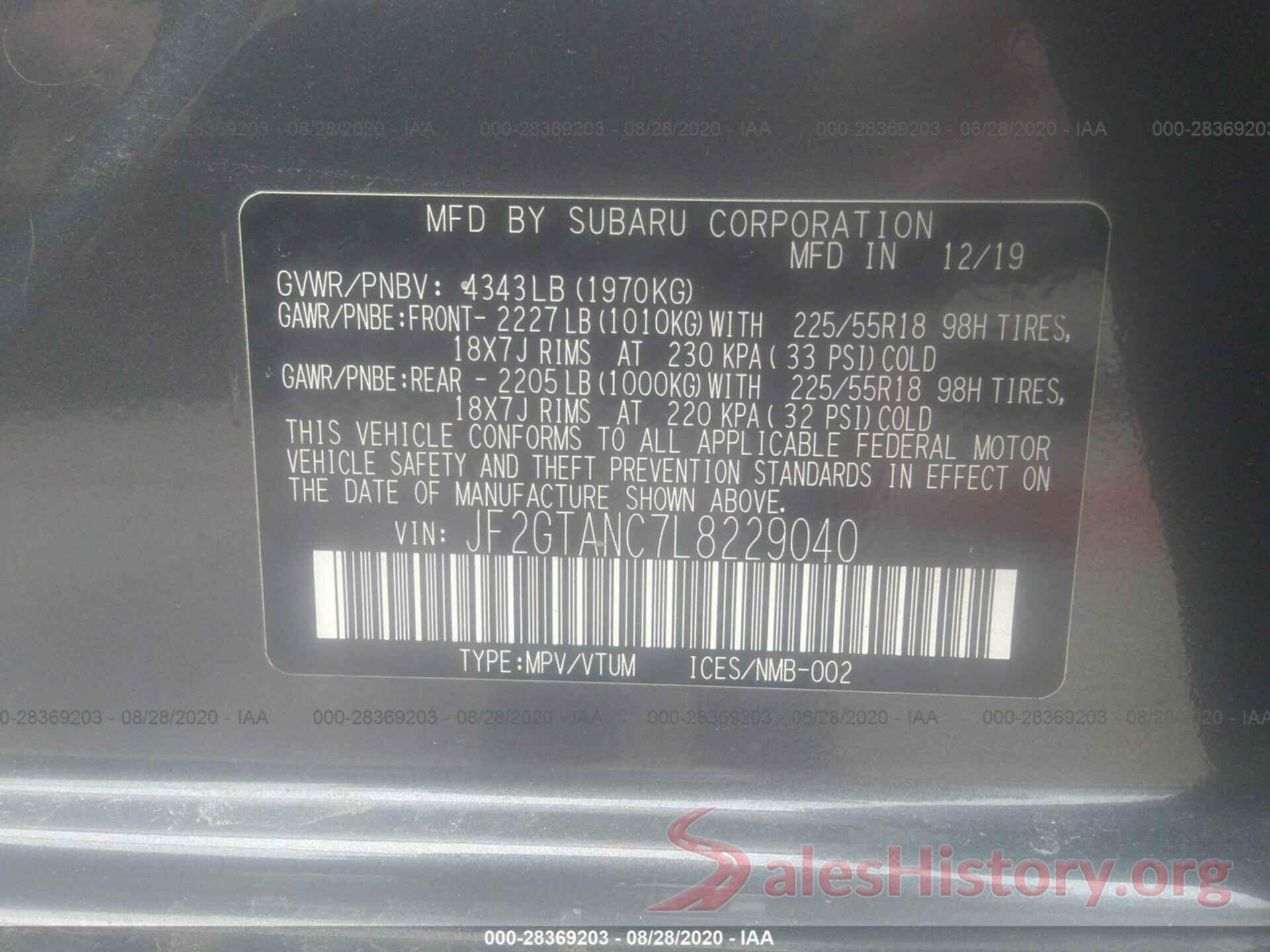 JF2GTANC7L8229040 2020 SUBARU CROSSTREK