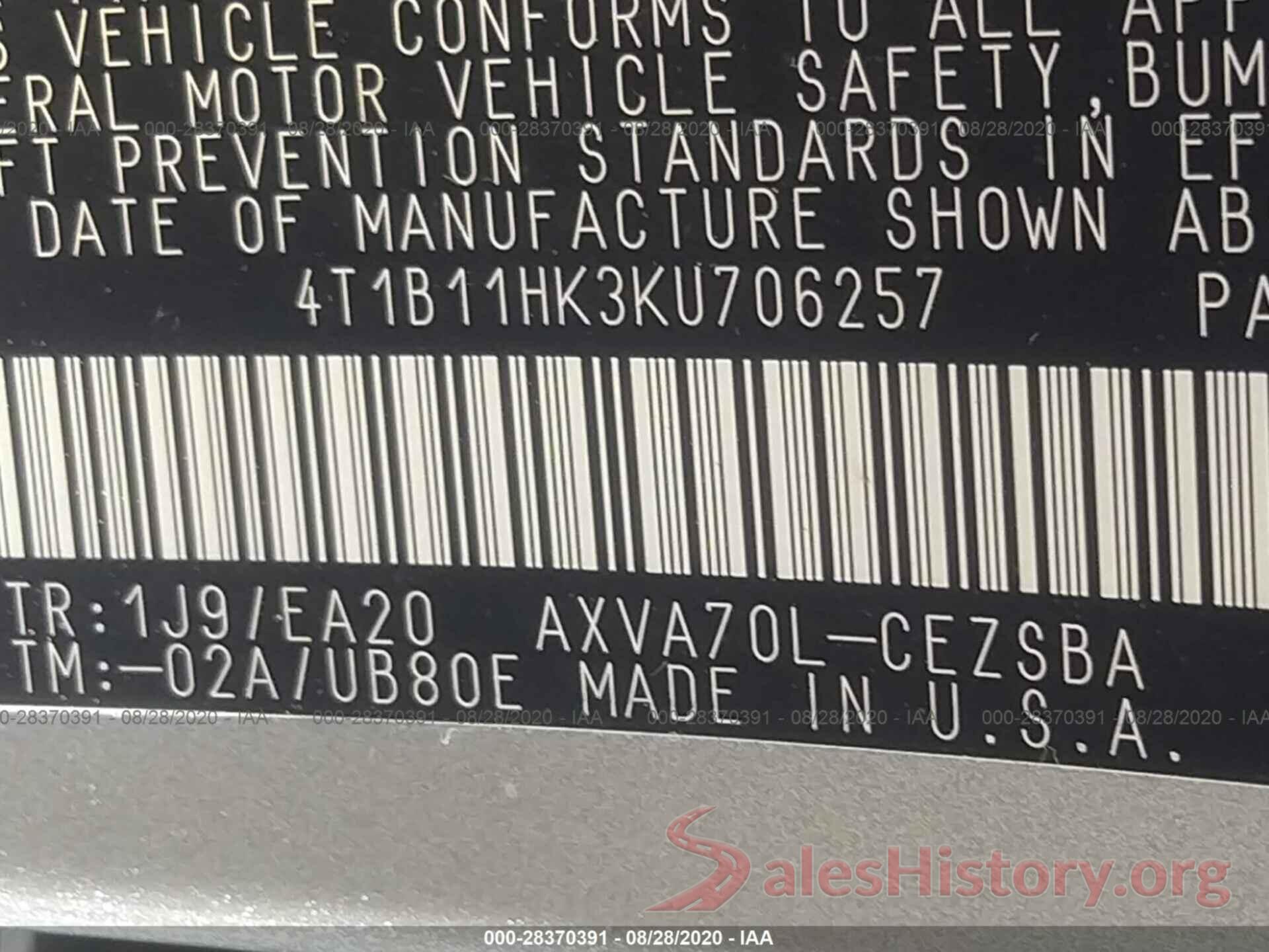 4T1B11HK3KU706257 2019 TOYOTA CAMRY