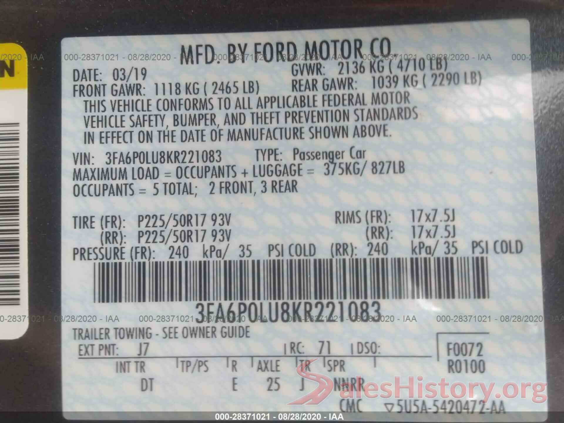 3FA6P0LU8KR221083 2019 FORD FUSION HYBRID