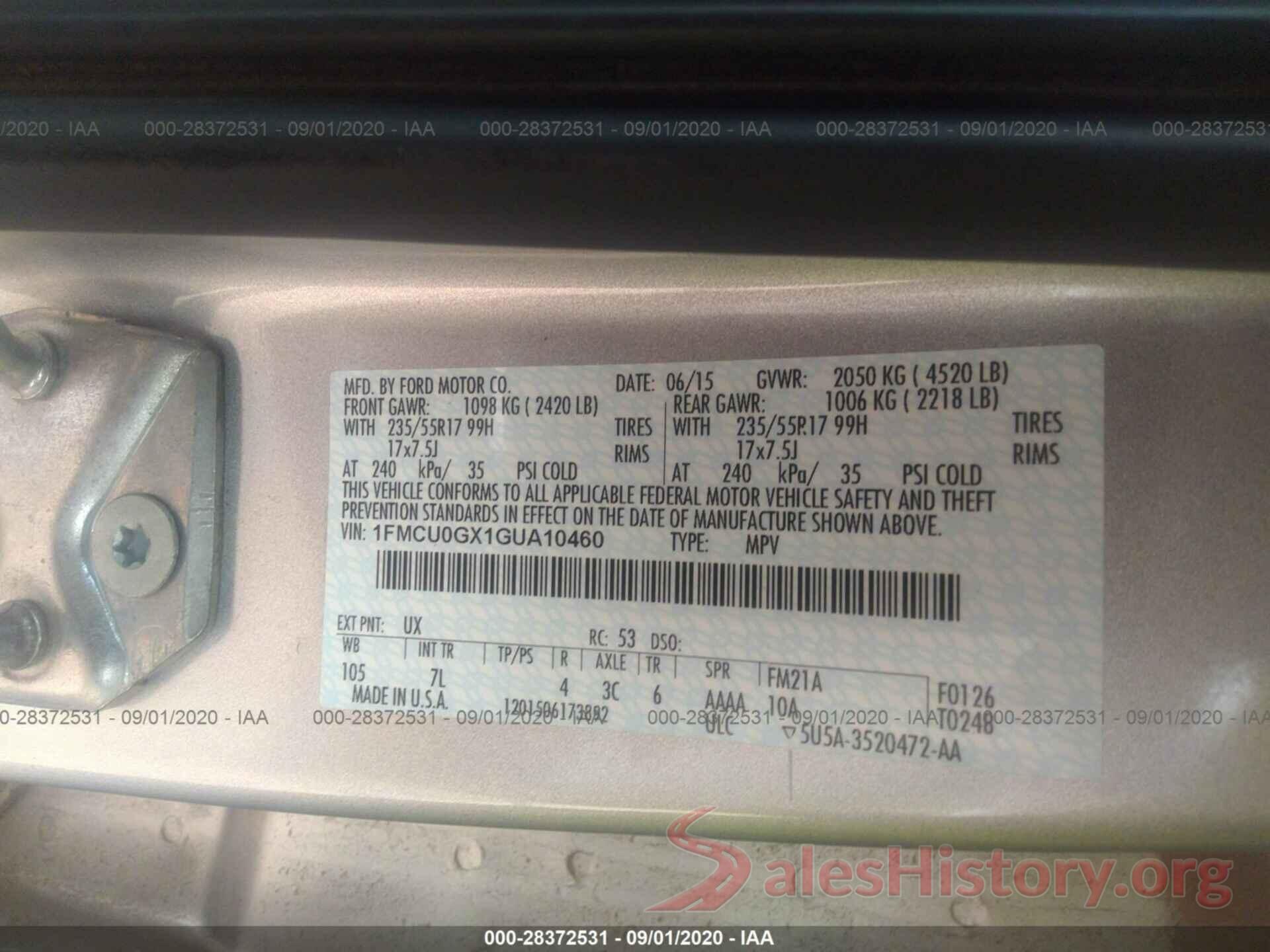 1FMCU0GX1GUA10460 2016 FORD ESCAPE