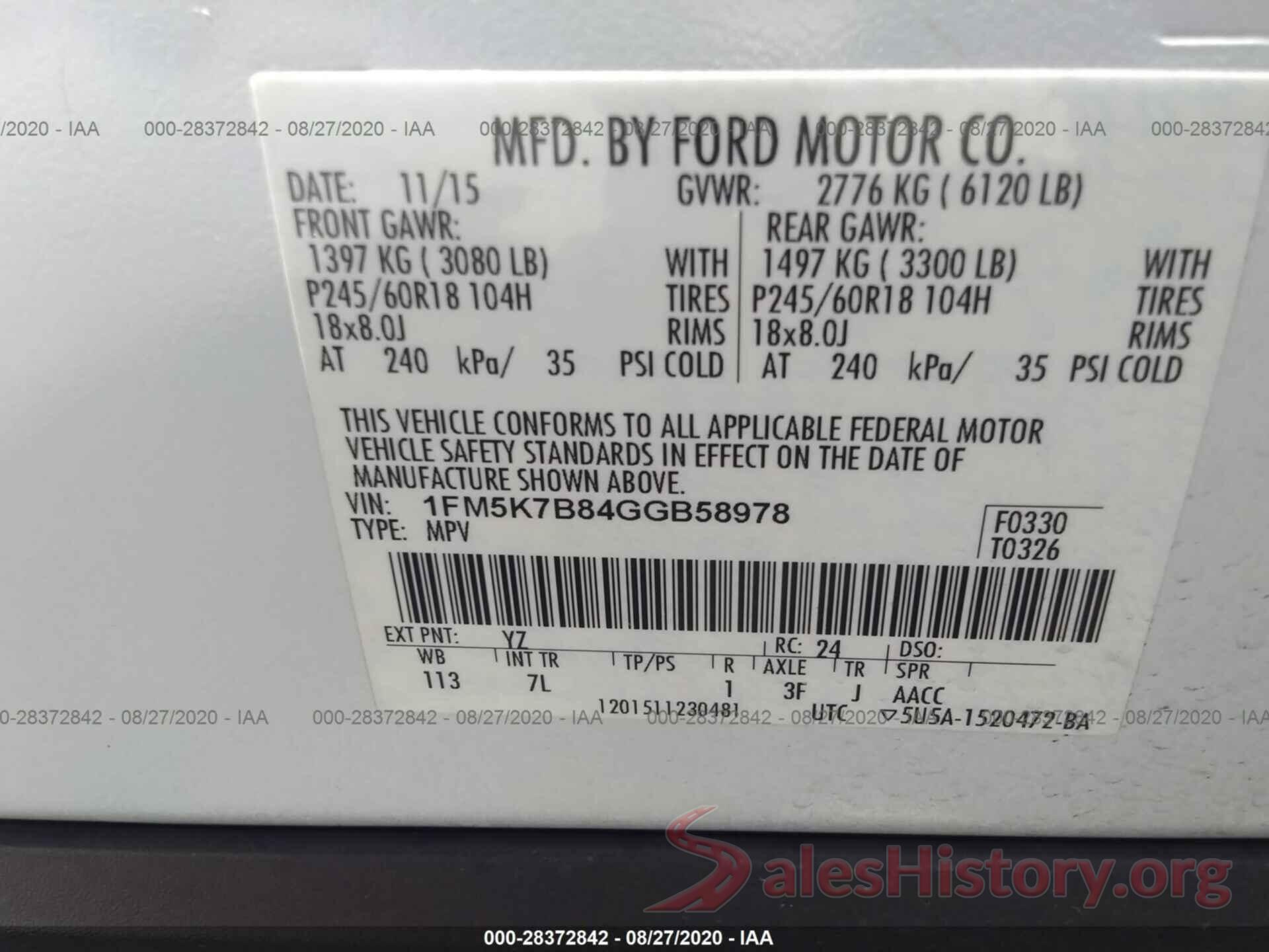 1FM5K7B84GGB58978 2016 FORD EXPLORER