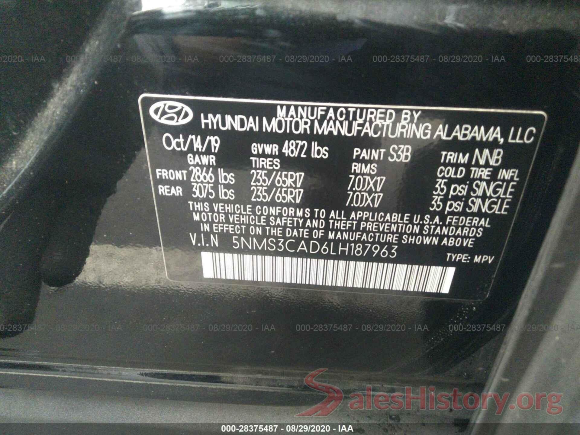 5NMS3CAD6LH187963 2020 HYUNDAI SANTA FE