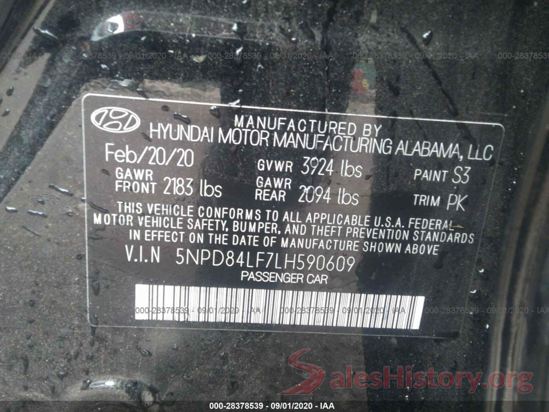 5NPD84LF7LH590609 2020 HYUNDAI ELANTRA