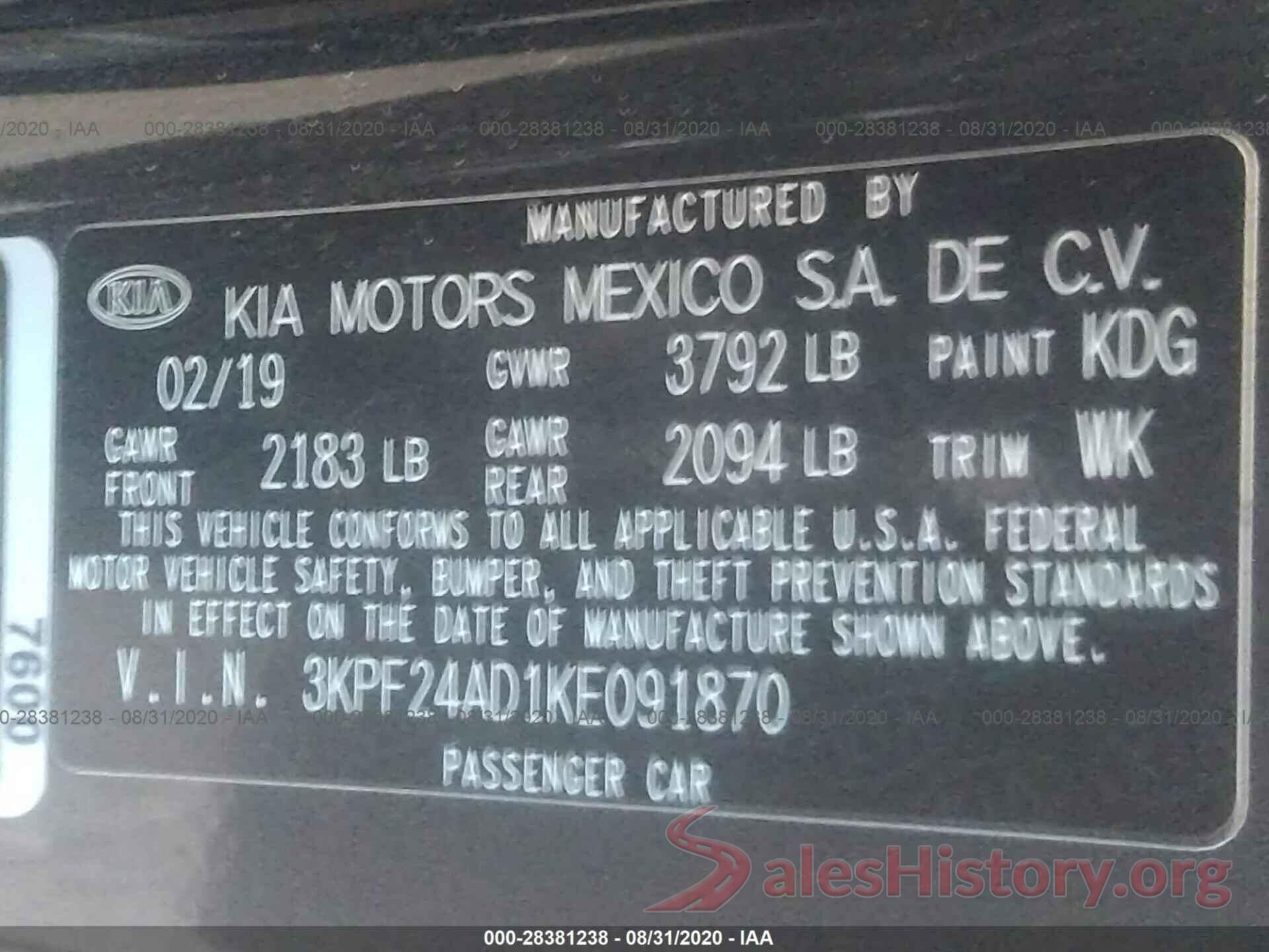 3KPF24AD1KE091870 2019 KIA FORTE