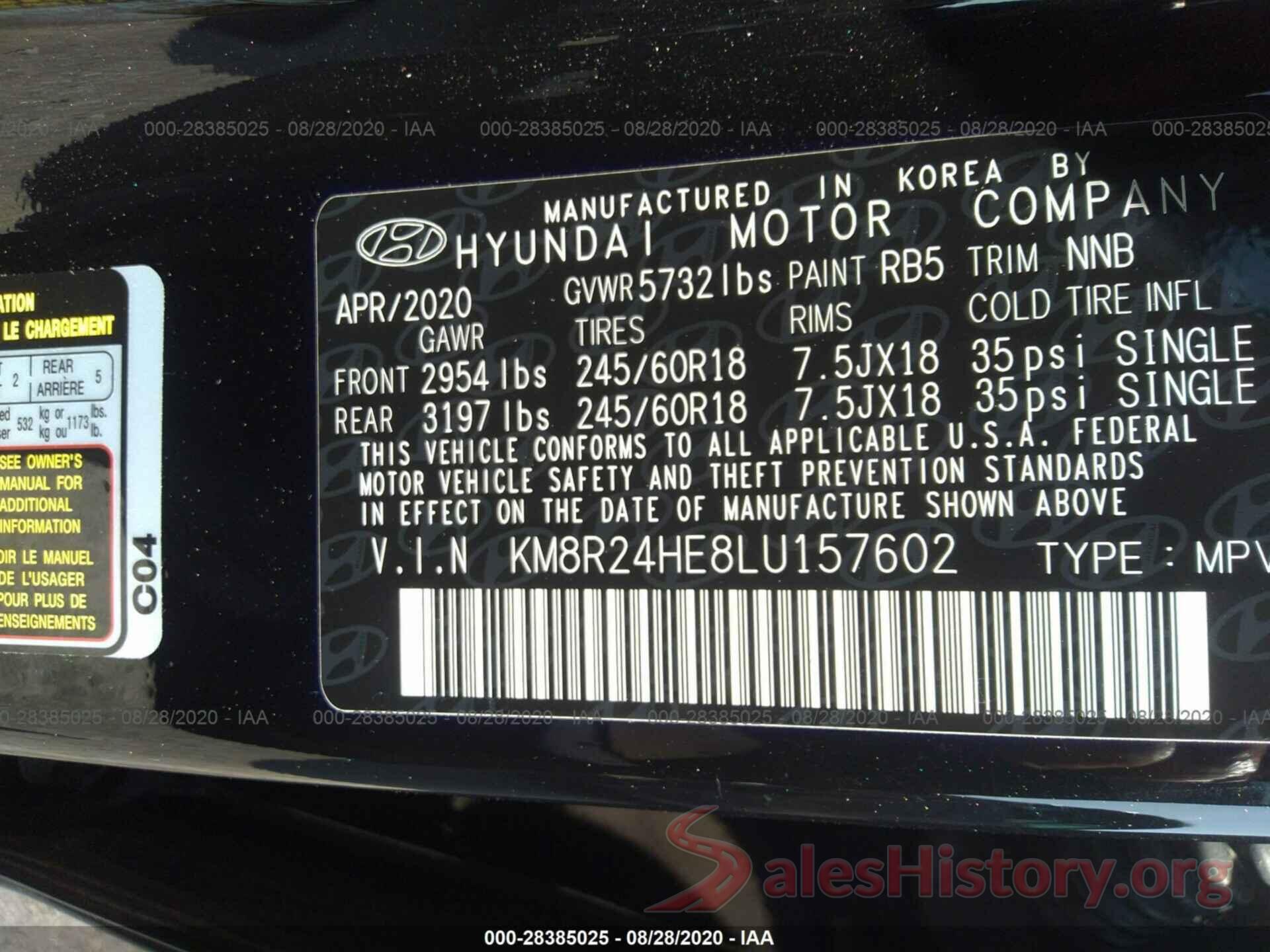 KM8R24HE8LU157602 2020 HYUNDAI PALISADE