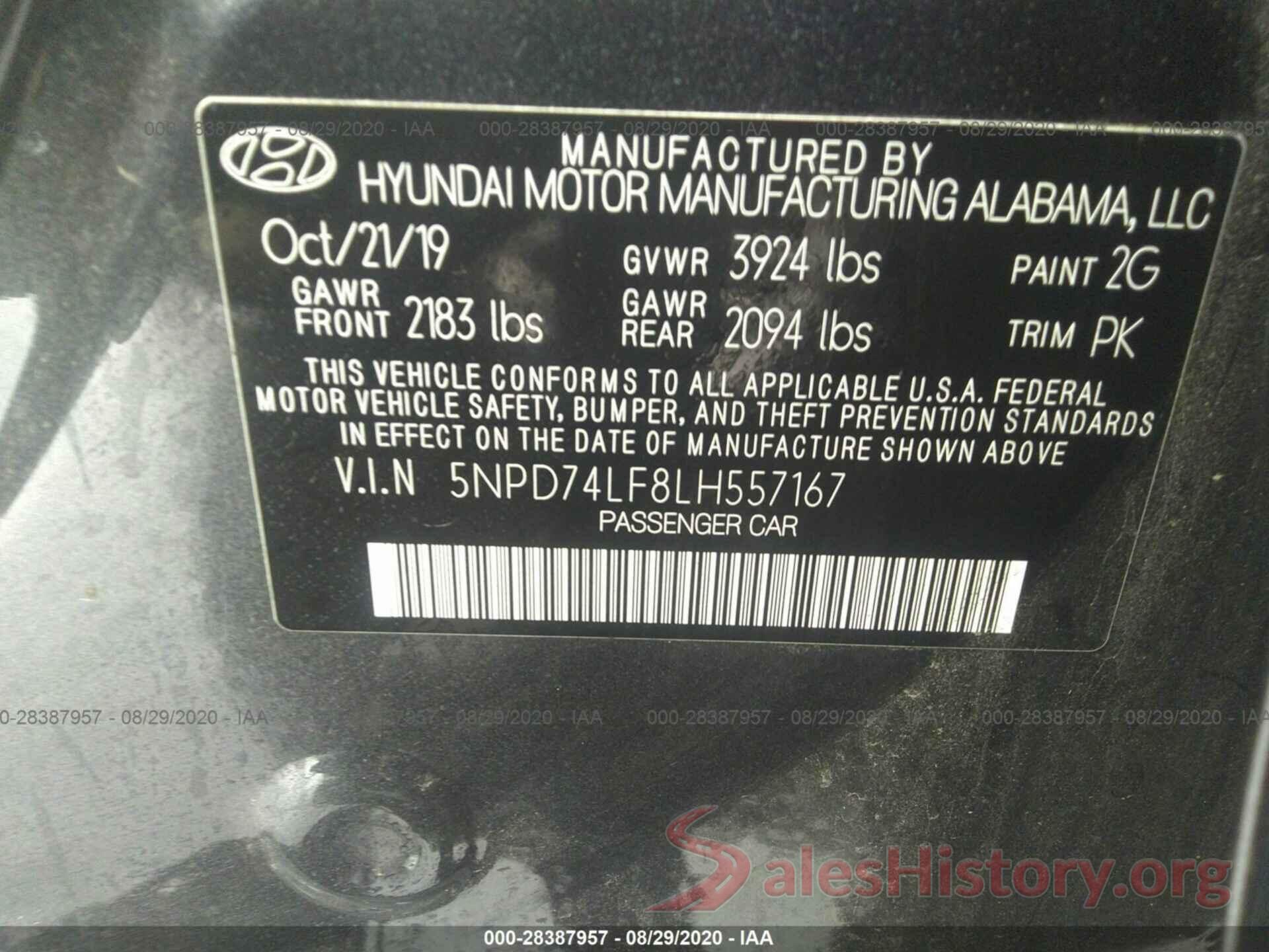 5NPD74LF8LH557167 2020 HYUNDAI ELANTRA