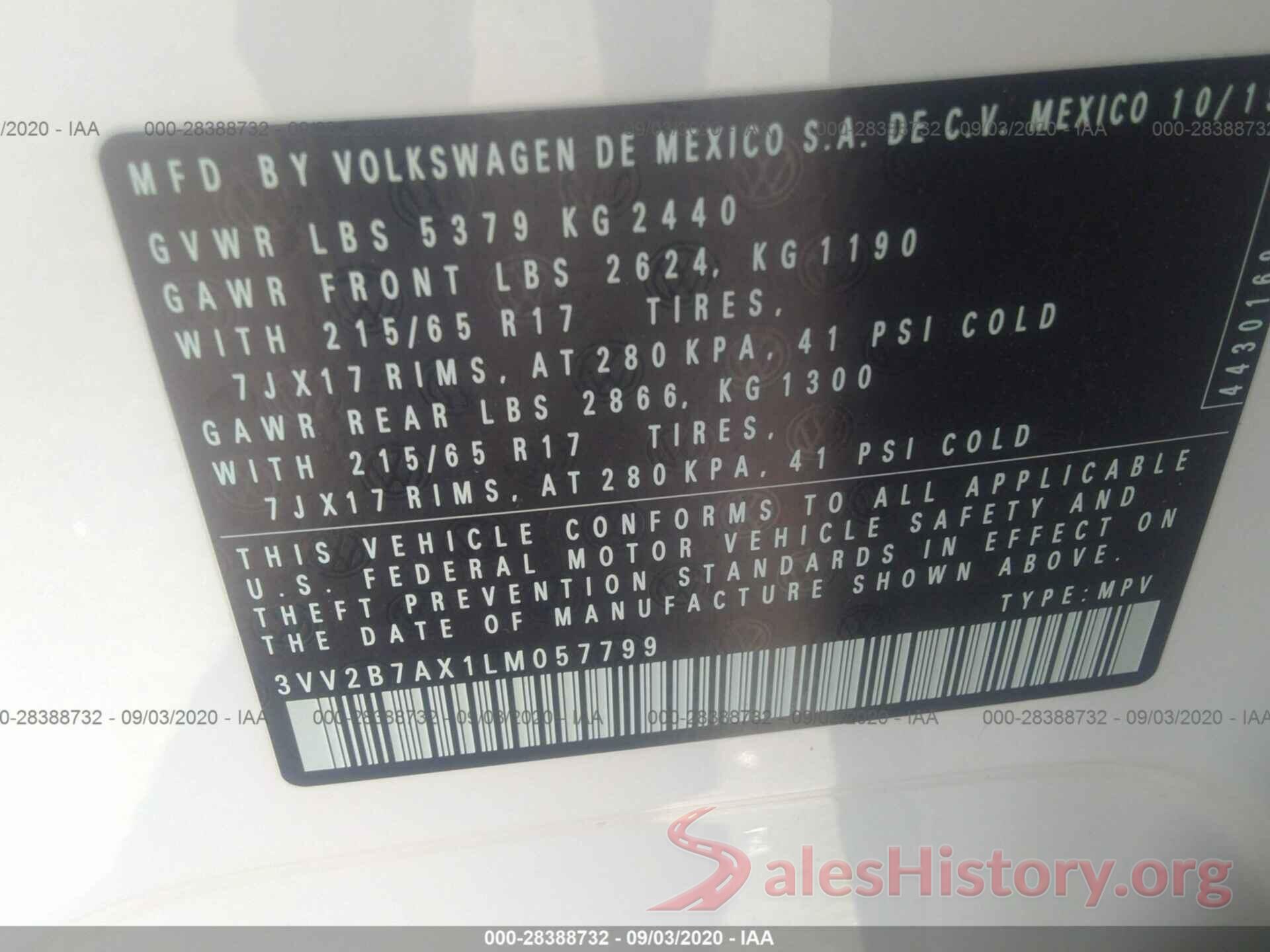 3VV2B7AX1LM057799 2020 VOLKSWAGEN TIGUAN