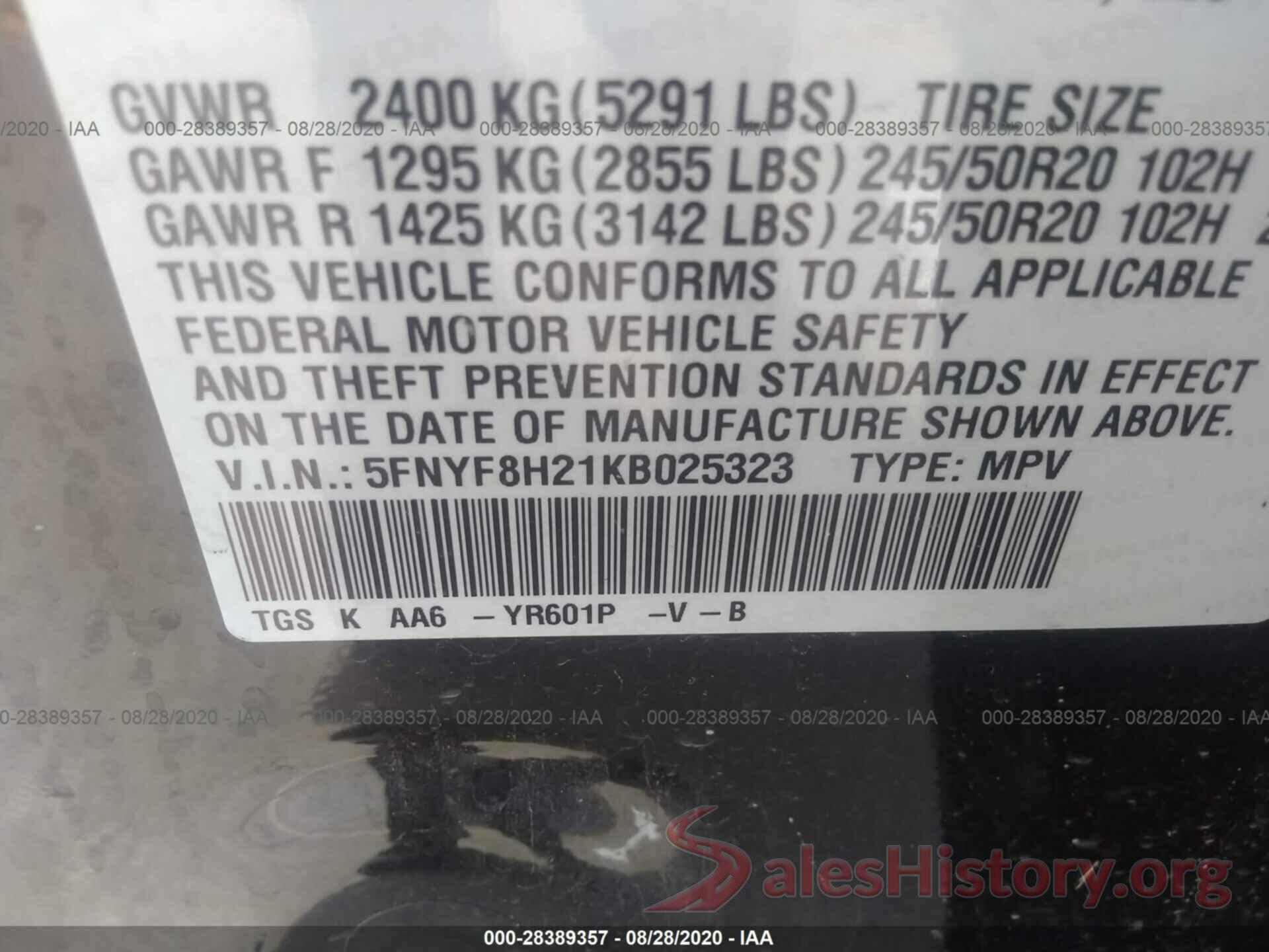 5FNYF8H21KB025323 2019 HONDA PASSPORT