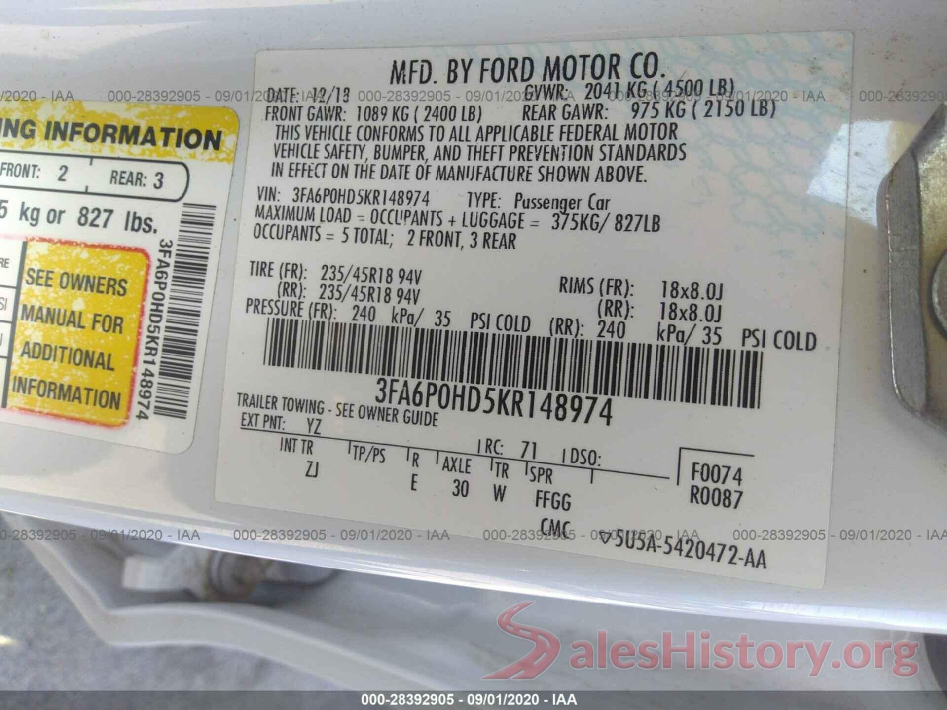 3FA6P0HD5KR148974 2019 FORD FUSION