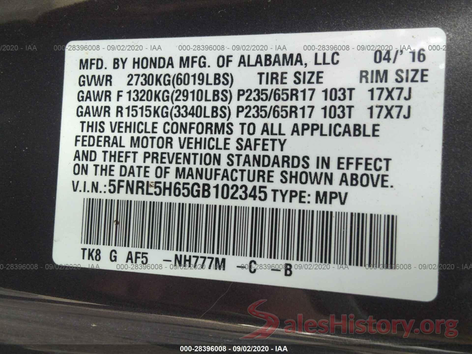 5FNRL5H65GB102345 2016 HONDA ODYSSEY