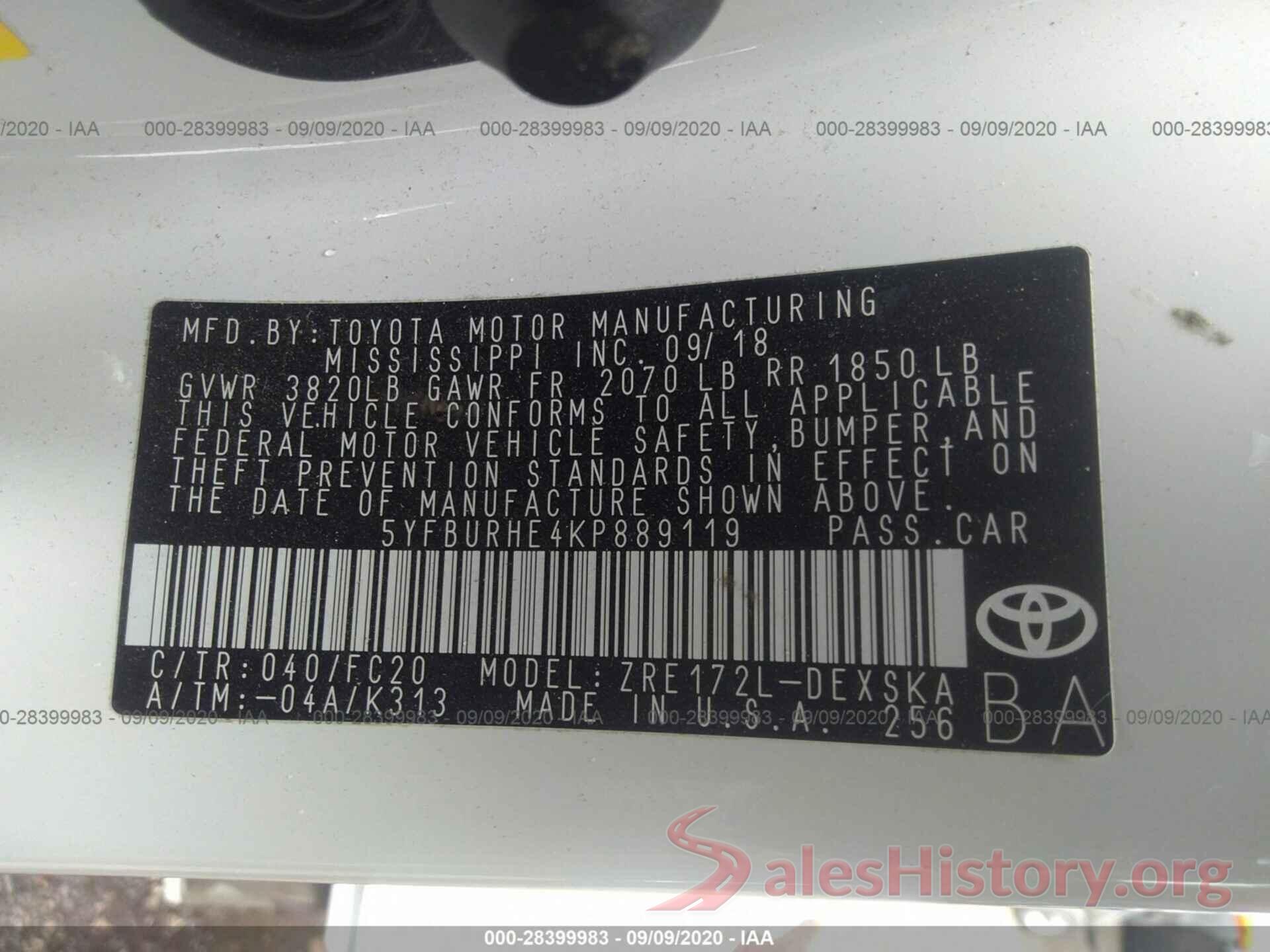 5YFBURHE4KP889119 2019 TOYOTA COROLLA