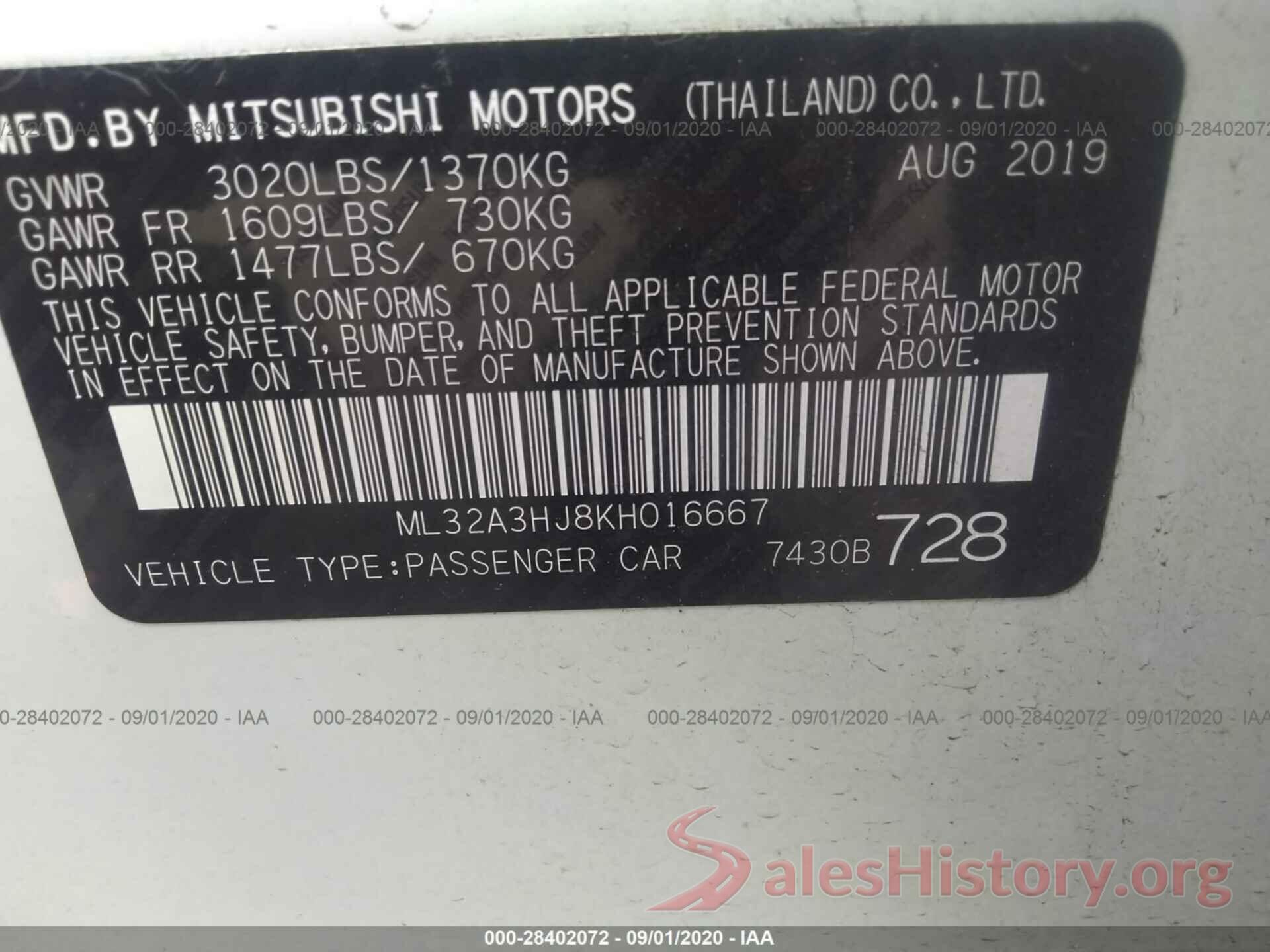 ML32A3HJ8KH016667 2019 MITSUBISHI MIRAGE