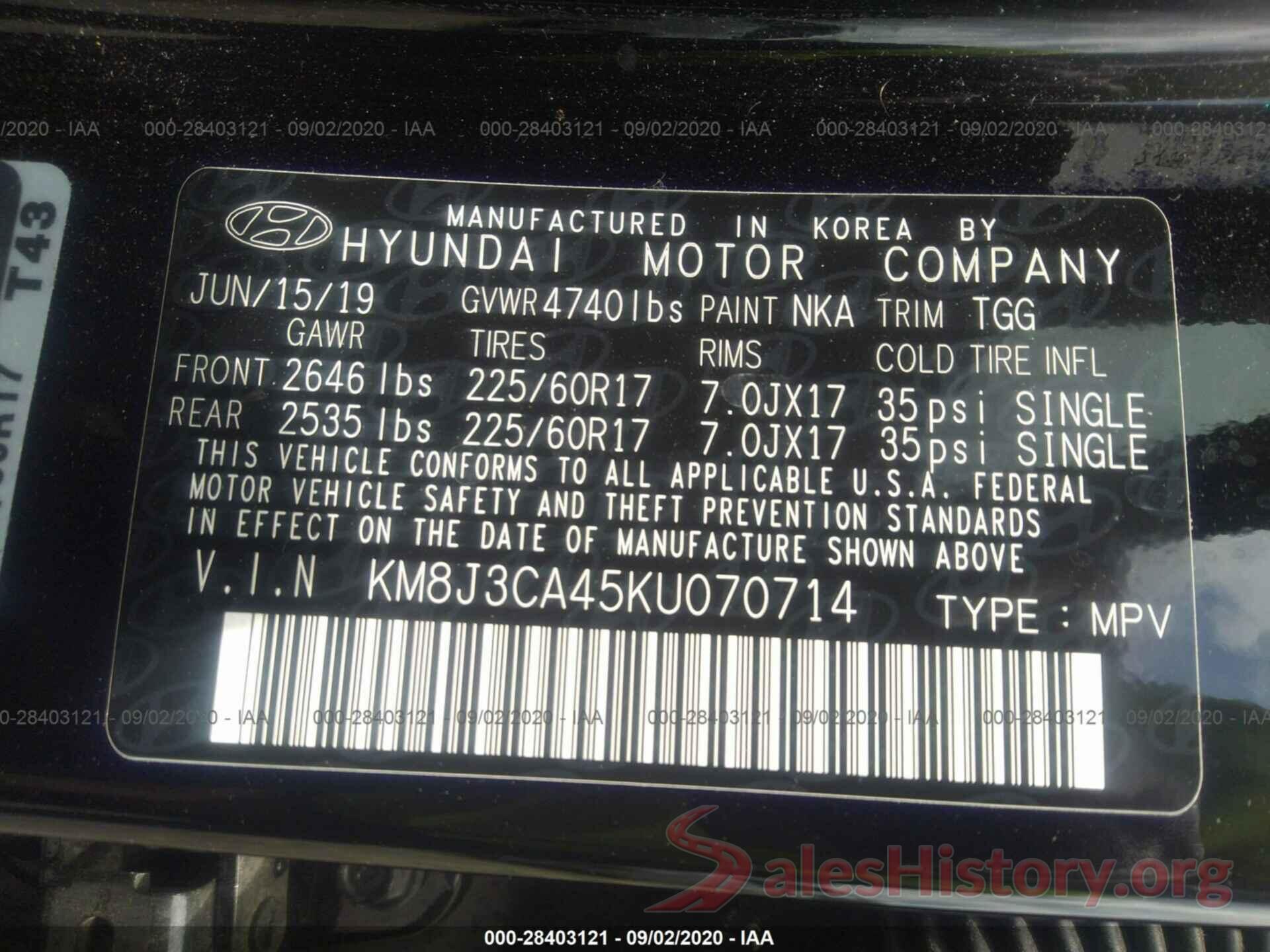 KM8J3CA45KU070714 2019 HYUNDAI TUCSON