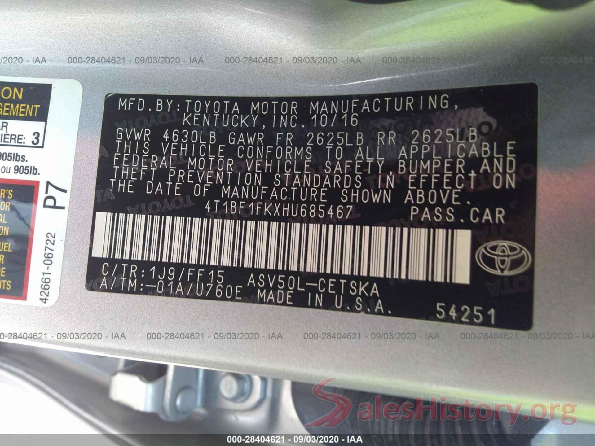 4T1BF1FKXHU685467 2017 TOYOTA CAMRY