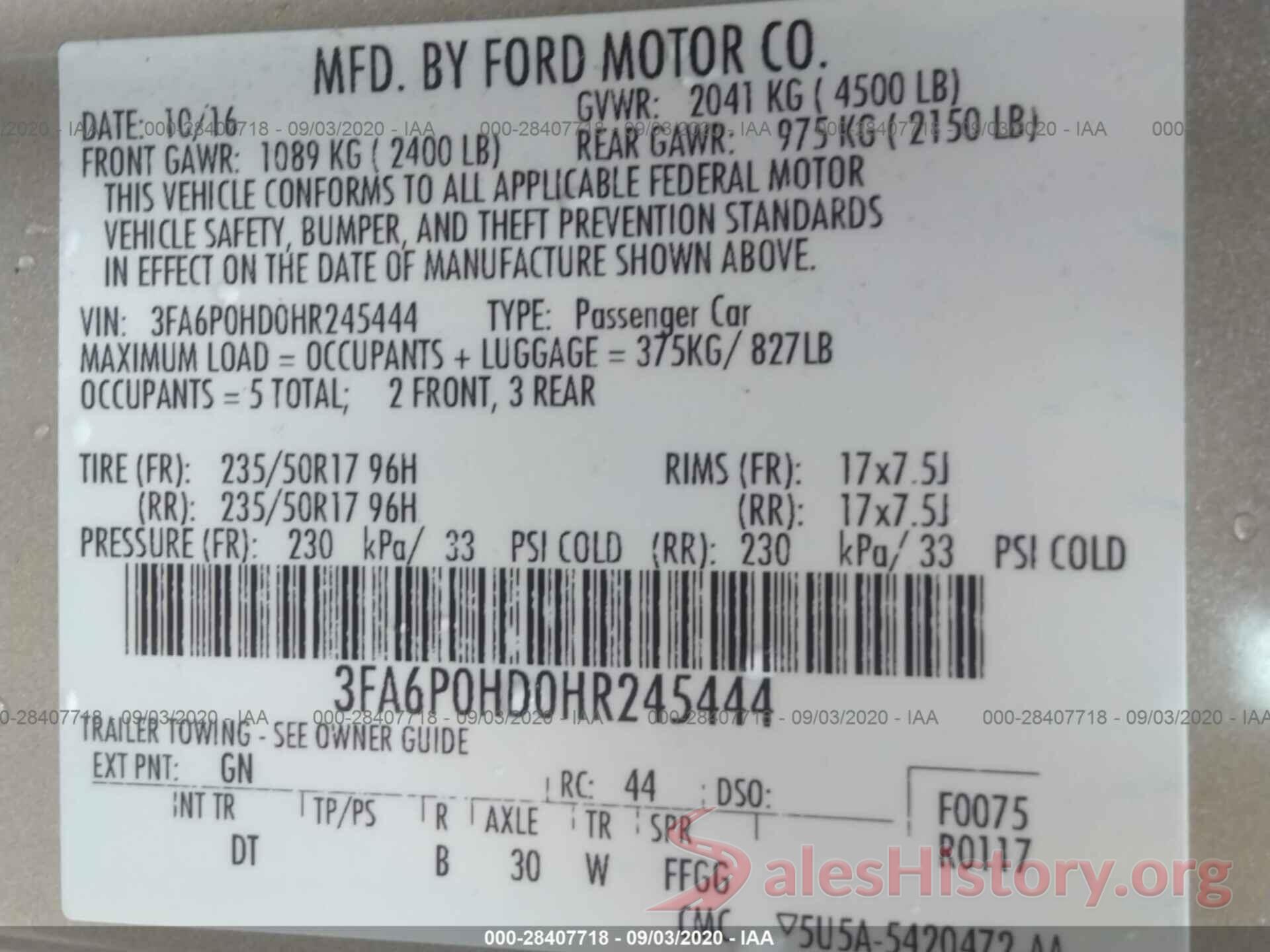 3FA6P0HD0HR245444 2017 FORD FUSION