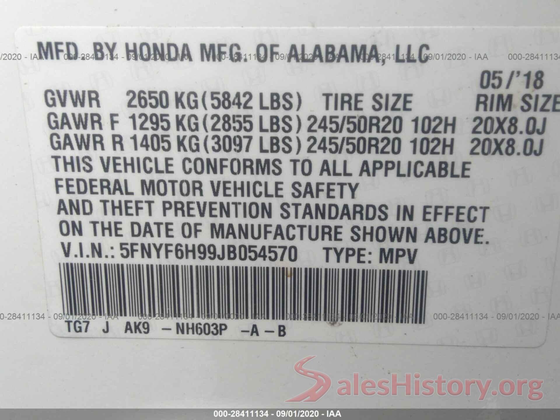 5FNYF6H99JB054570 2018 HONDA PILOT