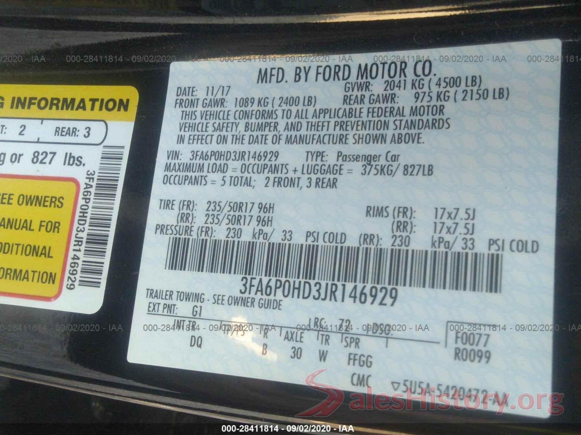 3FA6P0HD3JR146929 2018 FORD FUSION