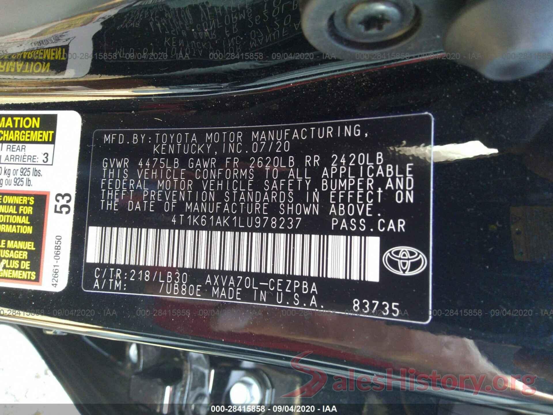 4T1K61AK1LU978237 2020 TOYOTA CAMRY