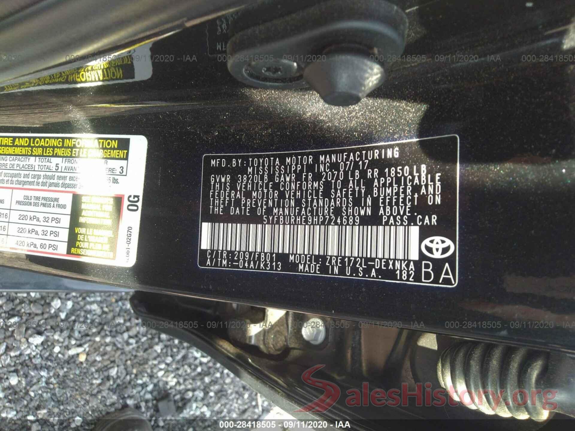 5YFBURHE9HP724689 2017 TOYOTA COROLLA