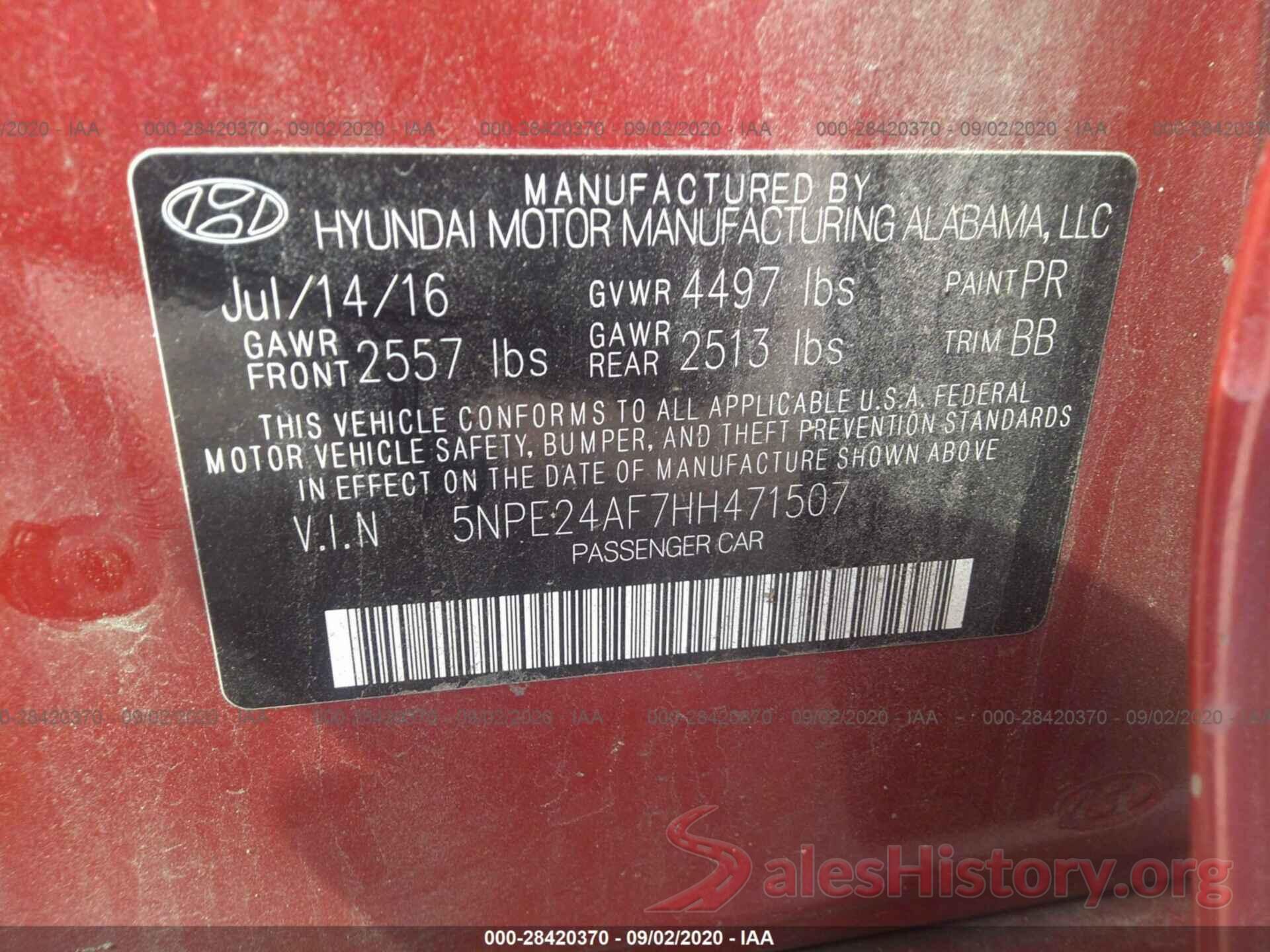 5NPE24AF7HH471507 2017 HYUNDAI SONATA