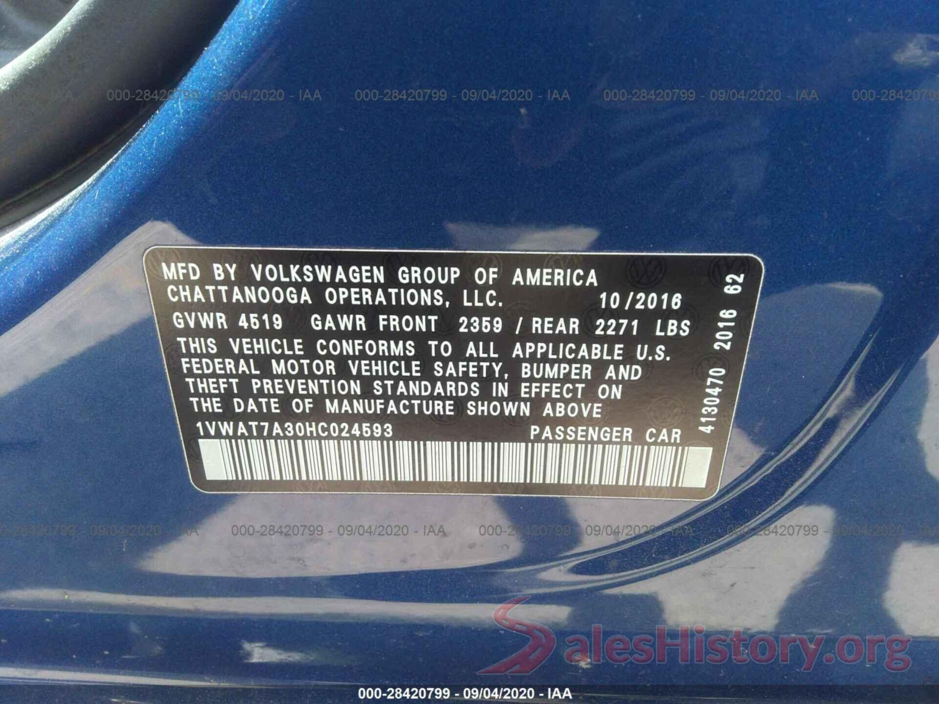 1VWAT7A30HC024593 2017 VOLKSWAGEN PASSAT