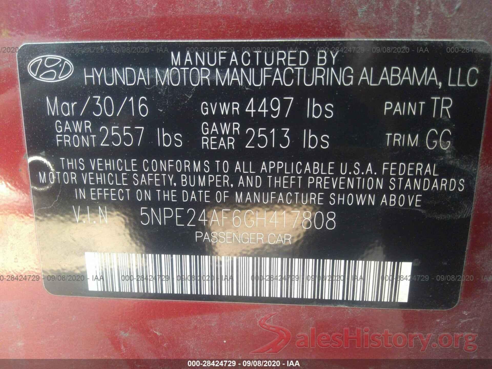 5NPE24AF6GH417808 2016 HYUNDAI SONATA