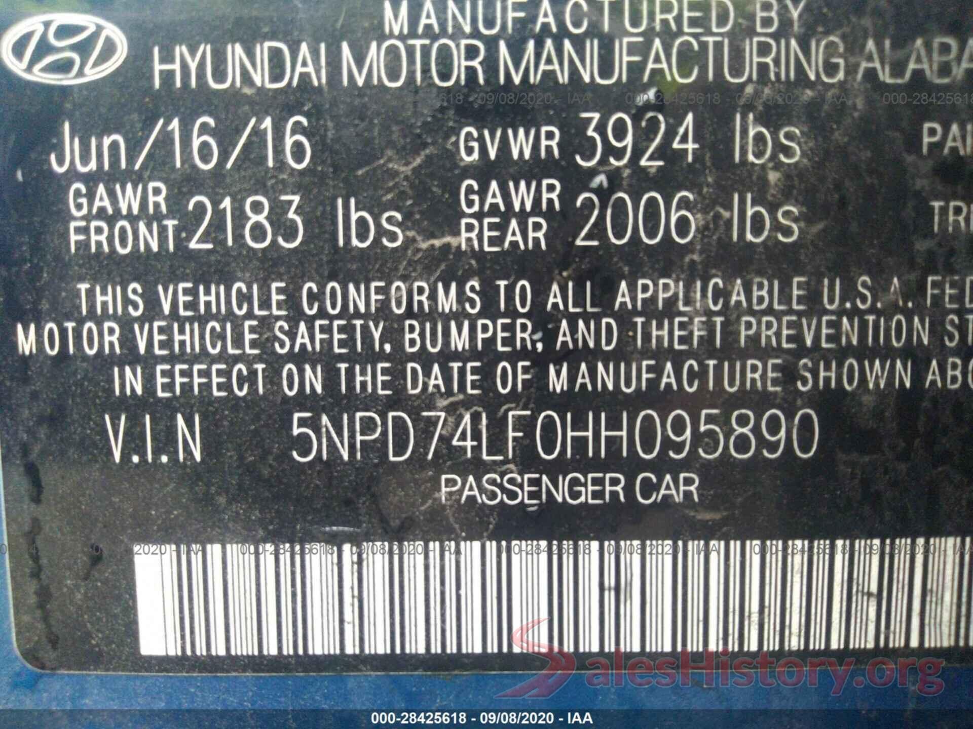 5NPD74LF0HH095890 2017 HYUNDAI ELANTRA