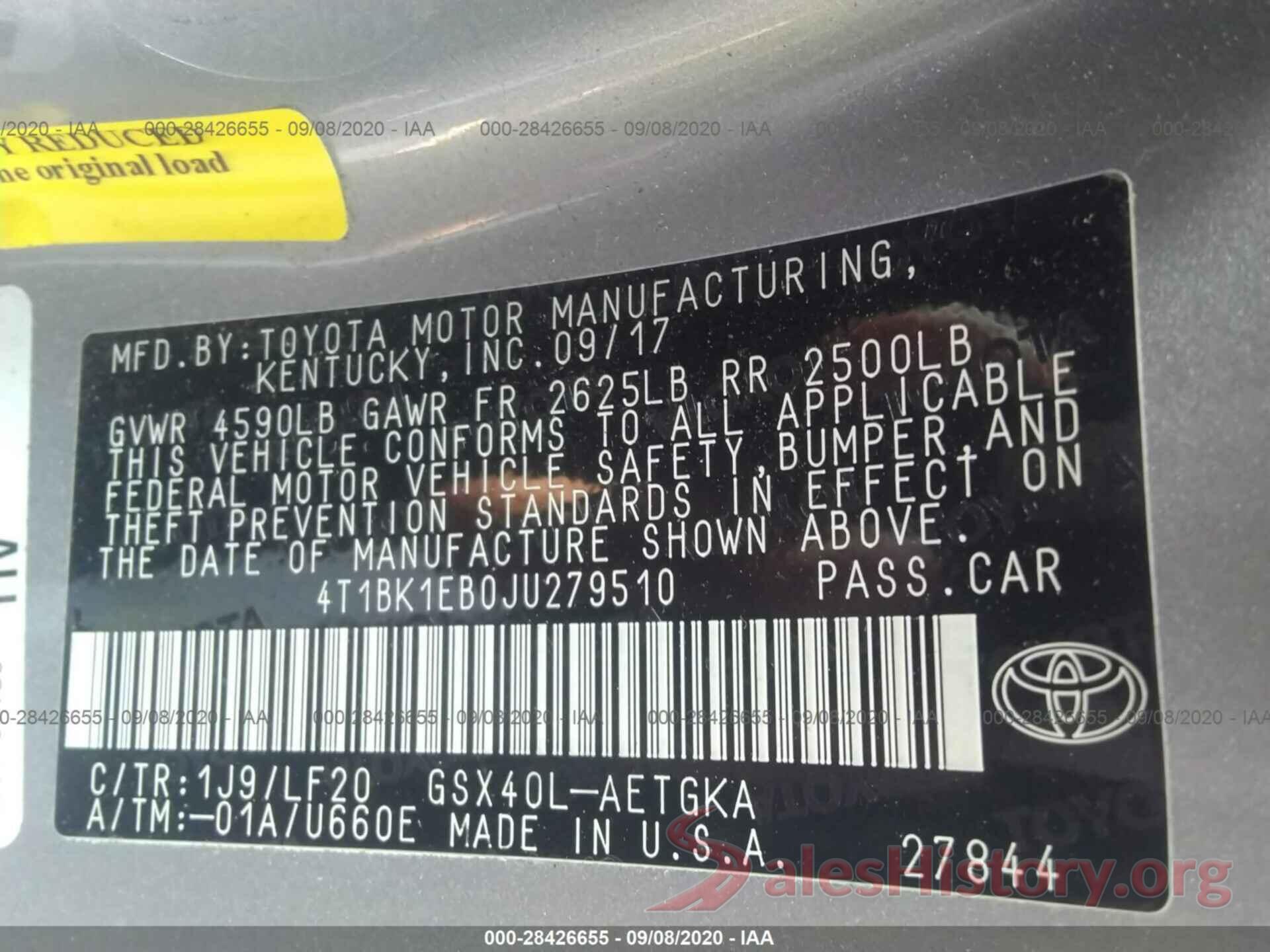 4T1BK1EB0JU279510 2018 TOYOTA AVALON