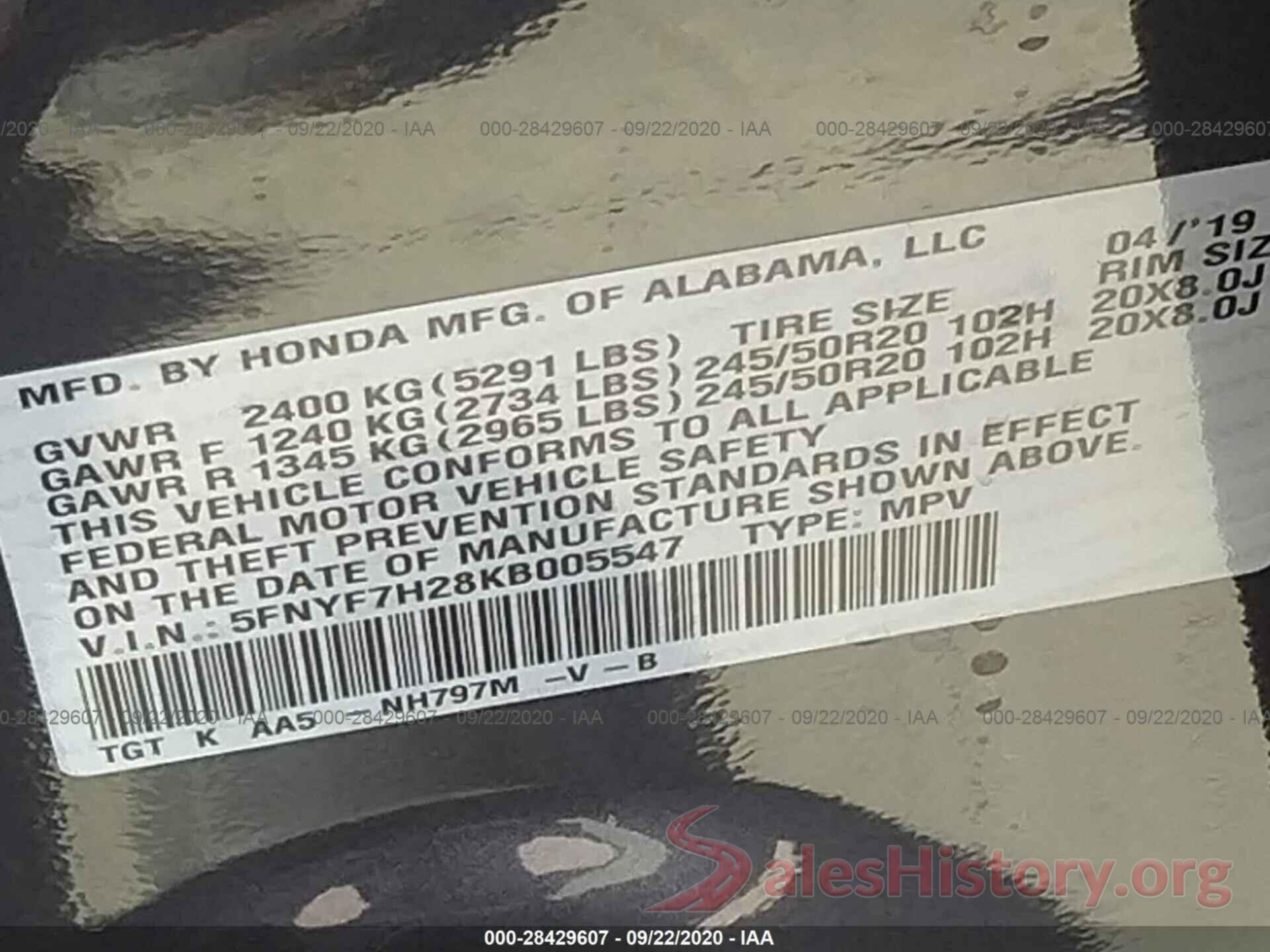 5FNYF7H28KB005547 2019 HONDA PASSPORT