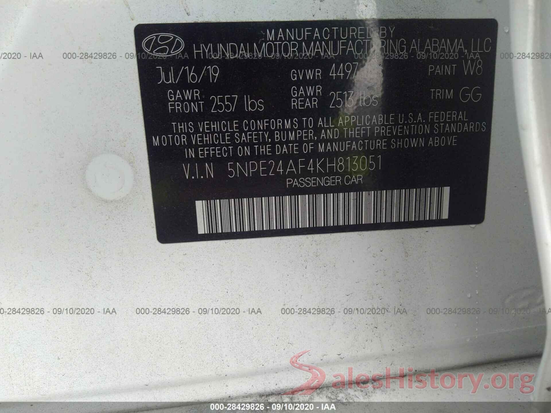 5NPE24AF4KH813051 2019 HYUNDAI SONATA