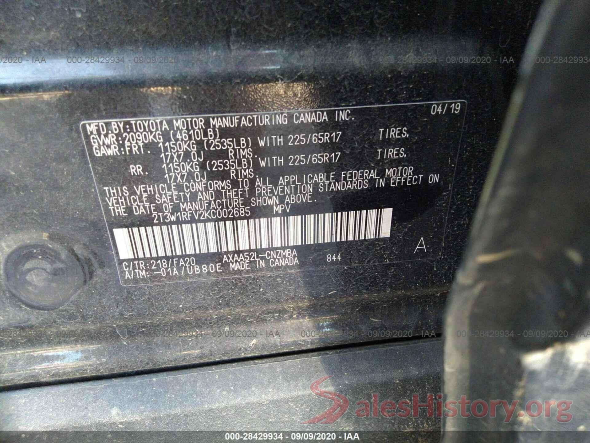 2T3W1RFV2KC002685 2019 TOYOTA RAV4