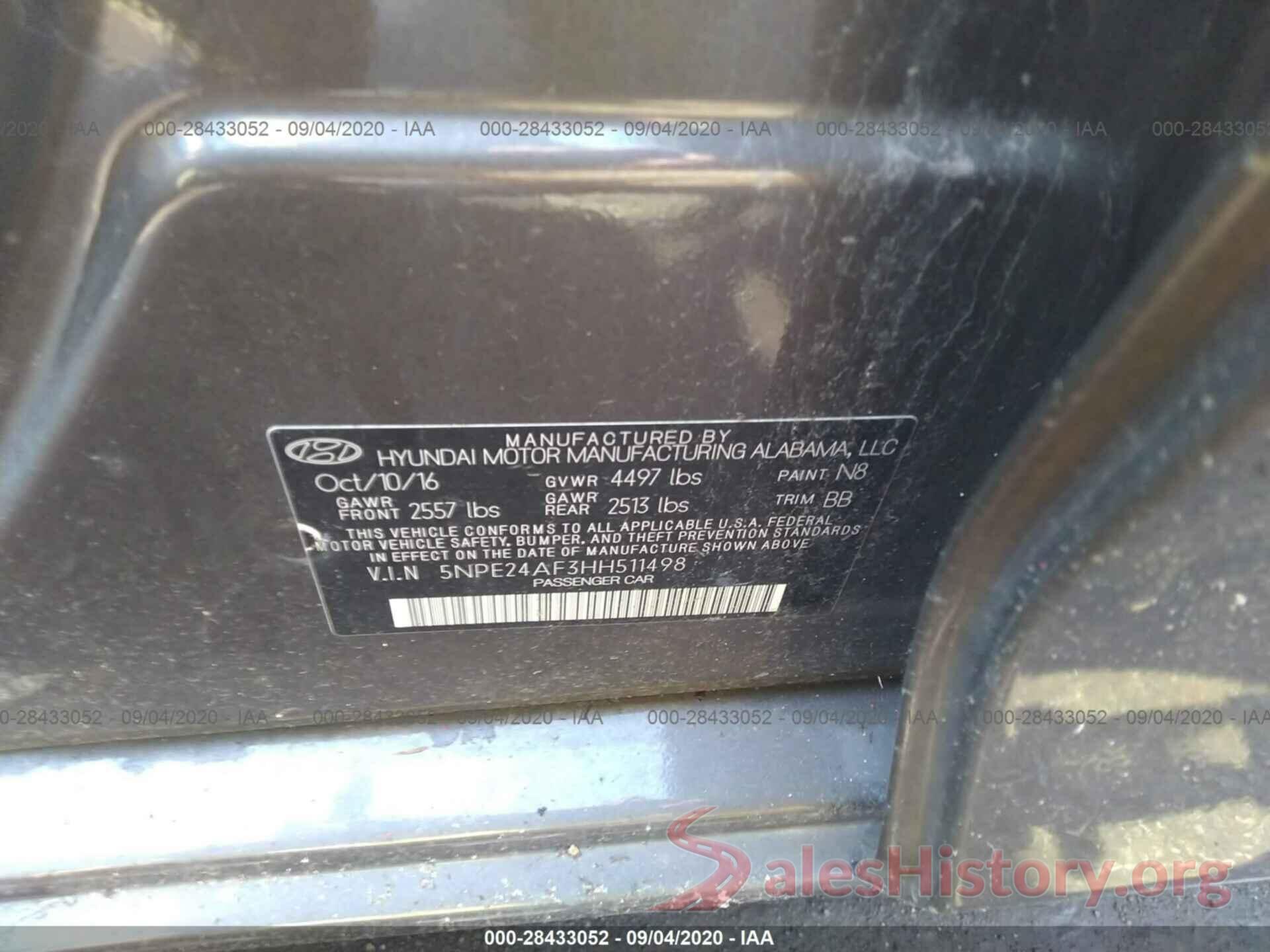 5NPE24AF3HH511498 2017 HYUNDAI SONATA