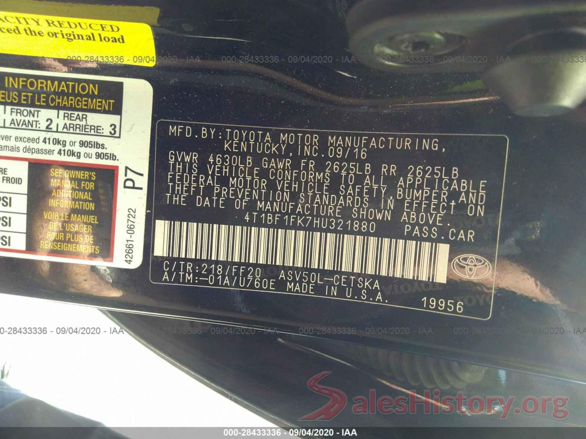 4T1BF1FK7HU321880 2017 TOYOTA CAMRY