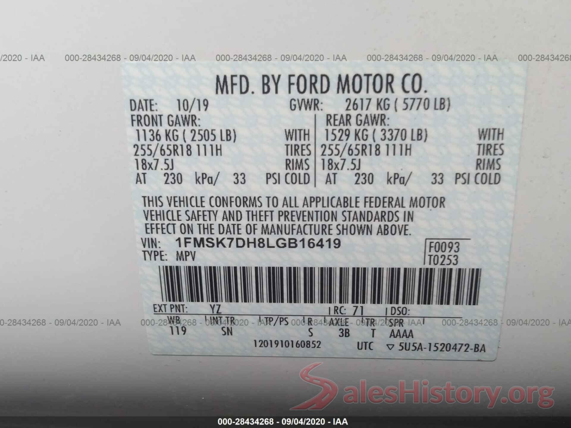 1FMSK7DH8LGB16419 2020 FORD EXPLORER