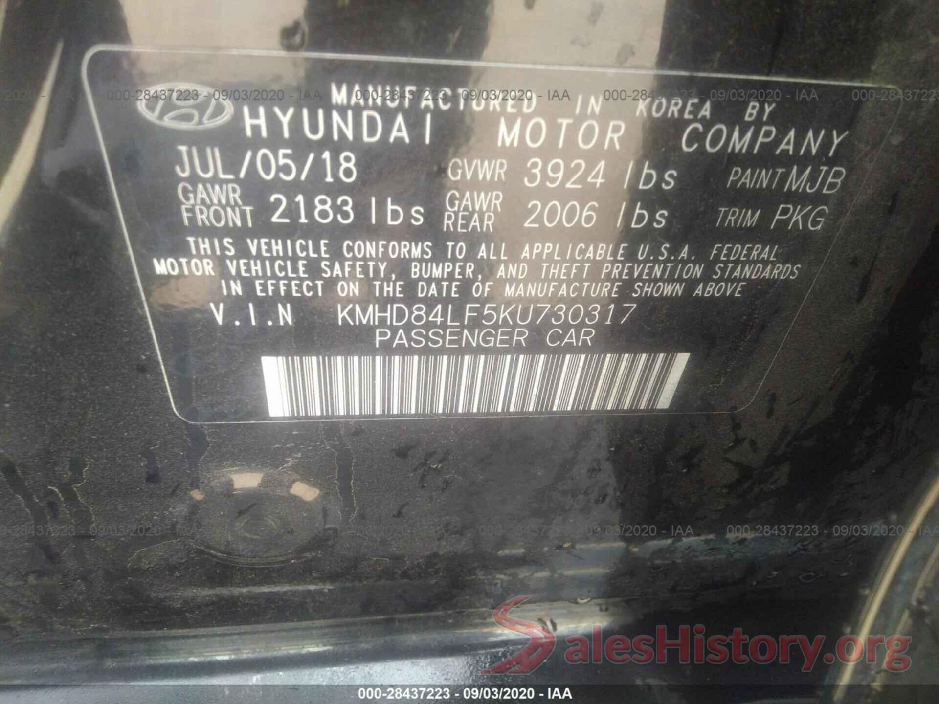 KMHD84LF5KU730317 2019 HYUNDAI ELANTRA