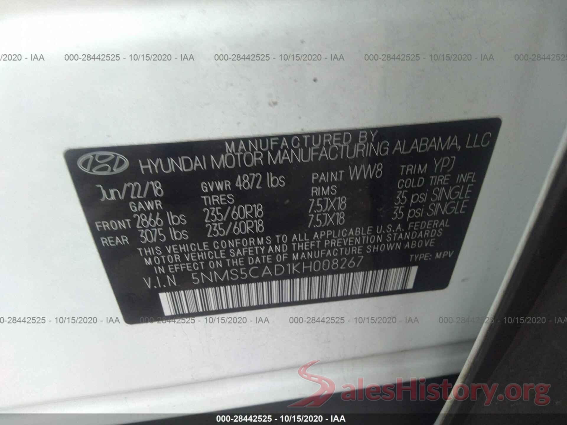 5NMS5CAD1KH008267 2019 HYUNDAI SANTA FE