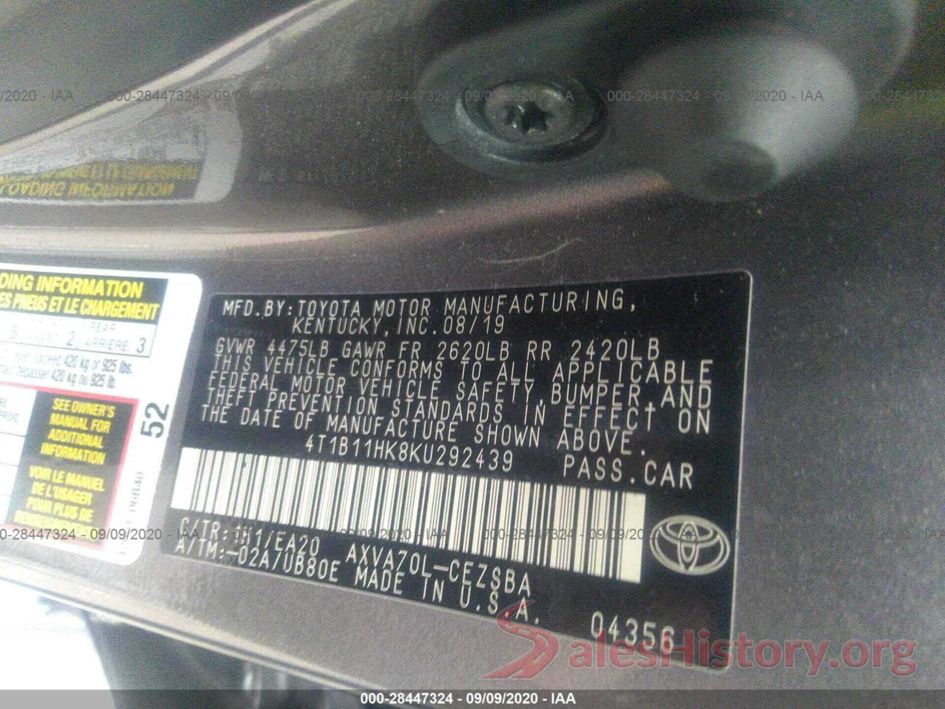 4T1B11HK8KU292439 2019 TOYOTA CAMRY