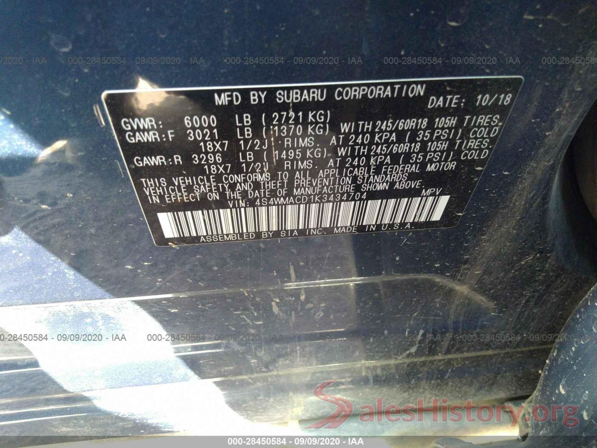 4S4WMACD1K3434704 2019 SUBARU ASCENT