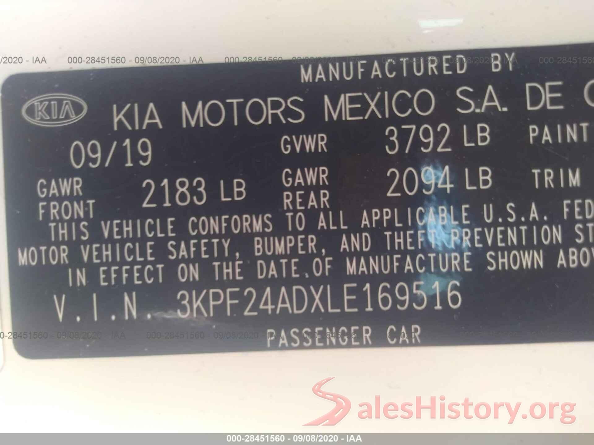 3KPF24ADXLE169516 2020 KIA FORTE