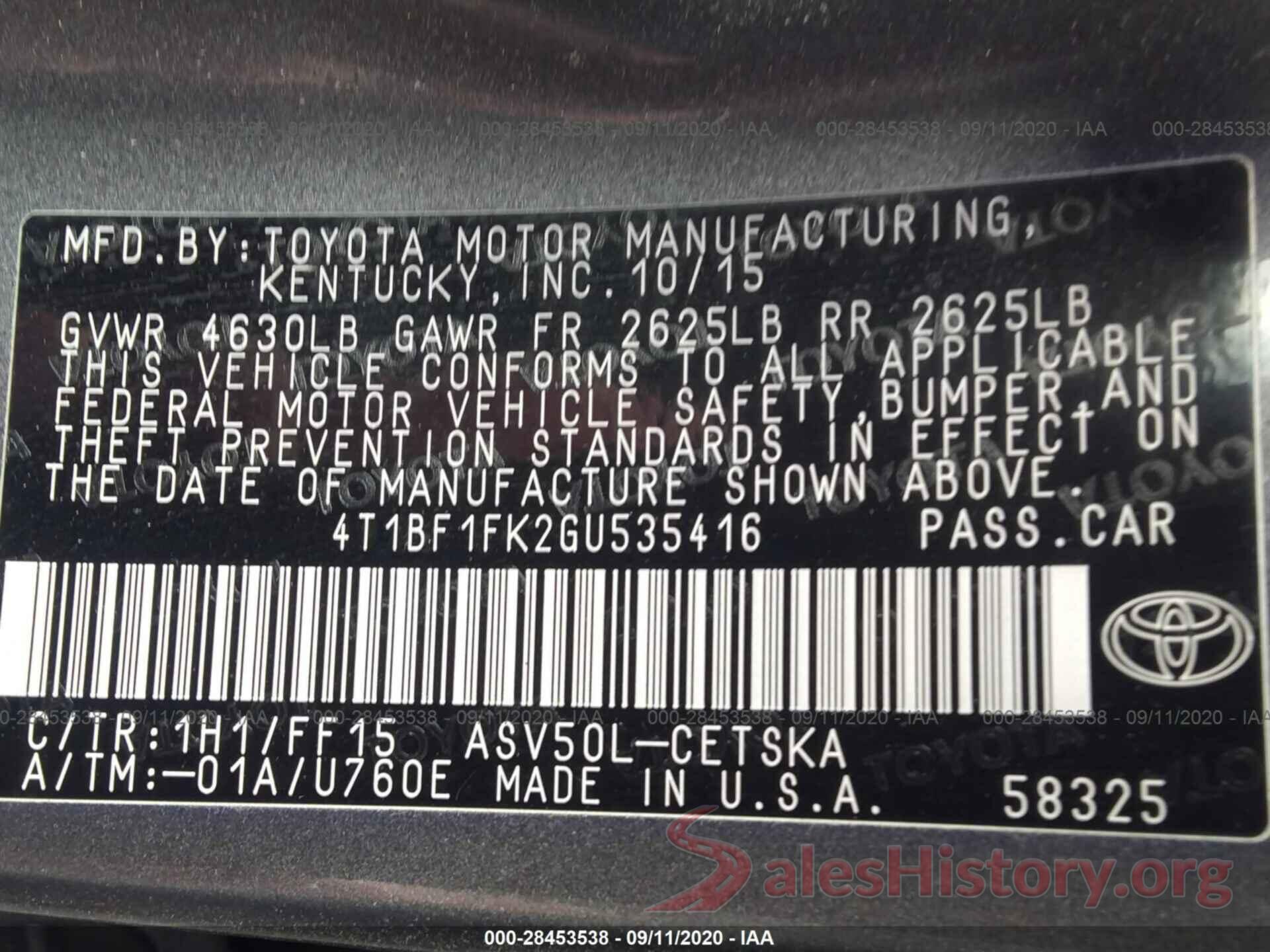 4T1BF1FK2GU535416 2016 TOYOTA CAMRY