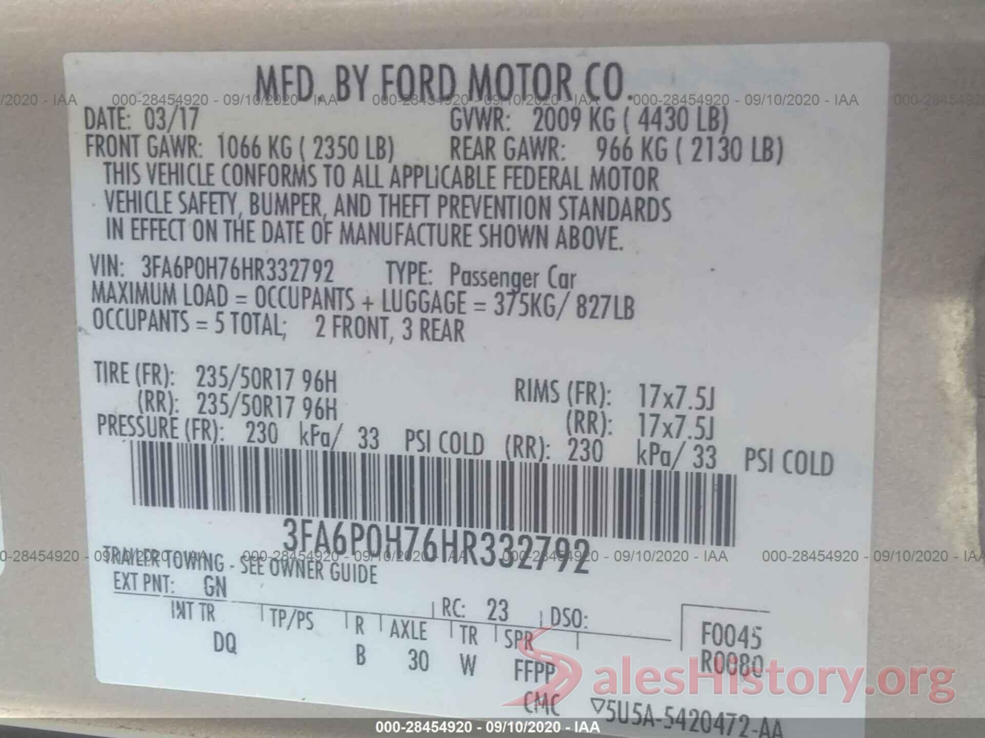 3FA6P0H76HR332792 2017 FORD FUSION