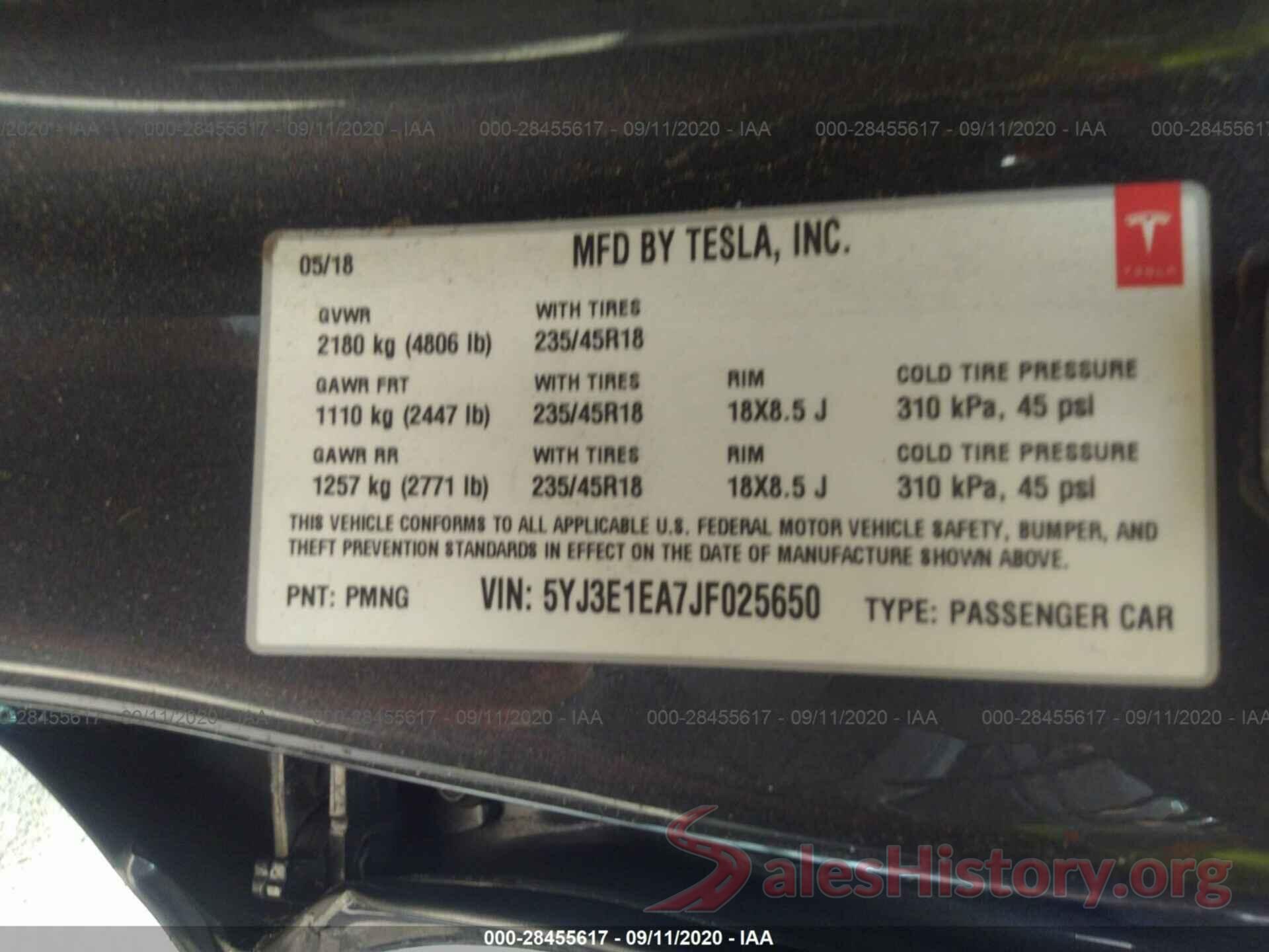 5YJ3E1EA7JF025650 2018 TESLA MODEL 3